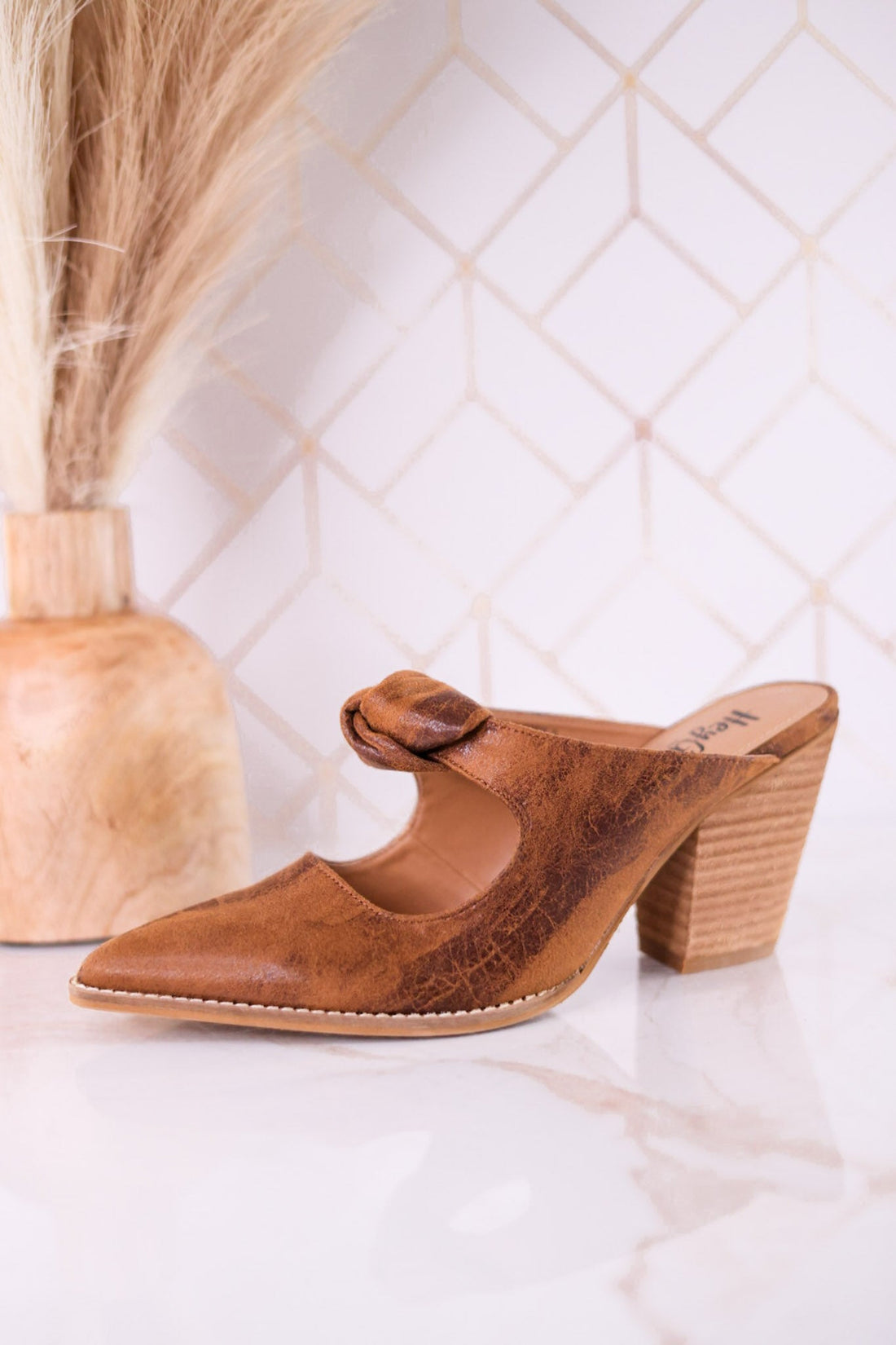 Knot Gonna Happen Distressed Cognac Mule Heels - Whiskey Skies - CORKYS FOOTWEAR