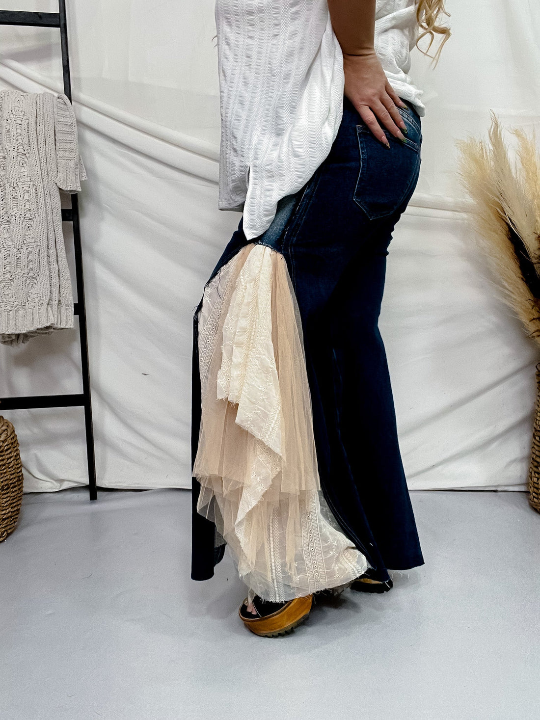 Lace & Mesh Inset Dark Denim Flare Jeans - Whiskey Skies - BLUEVELVET