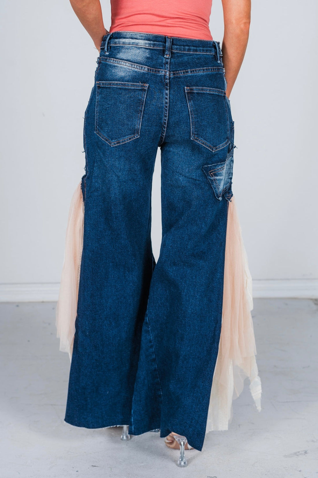 Lace & Mesh Inset Dark Denim Flare Jeans - Whiskey Skies - BLUEVELVET