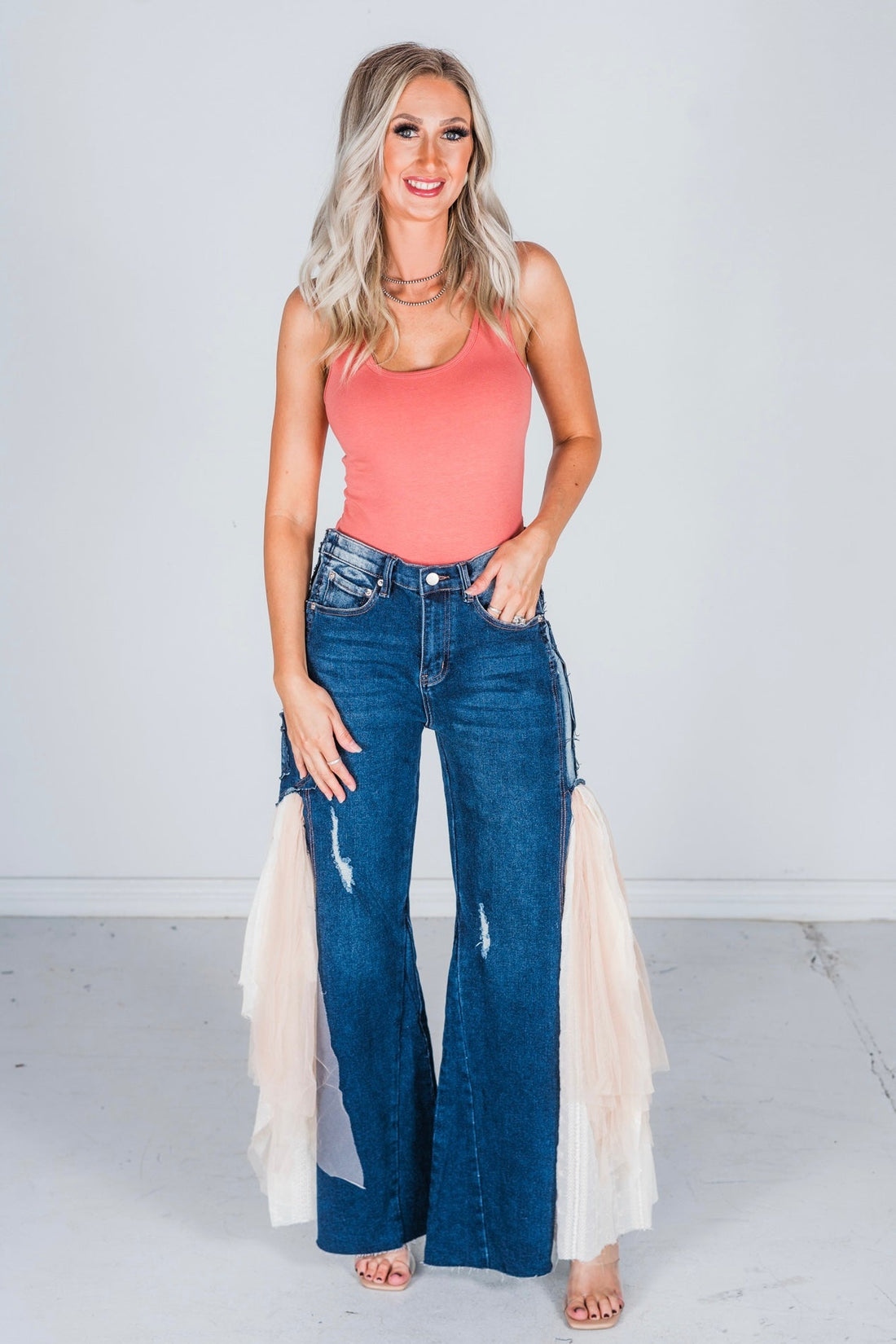 Lace & Mesh Inset Dark Denim Flare Jeans - Whiskey Skies - BLUEVELVET