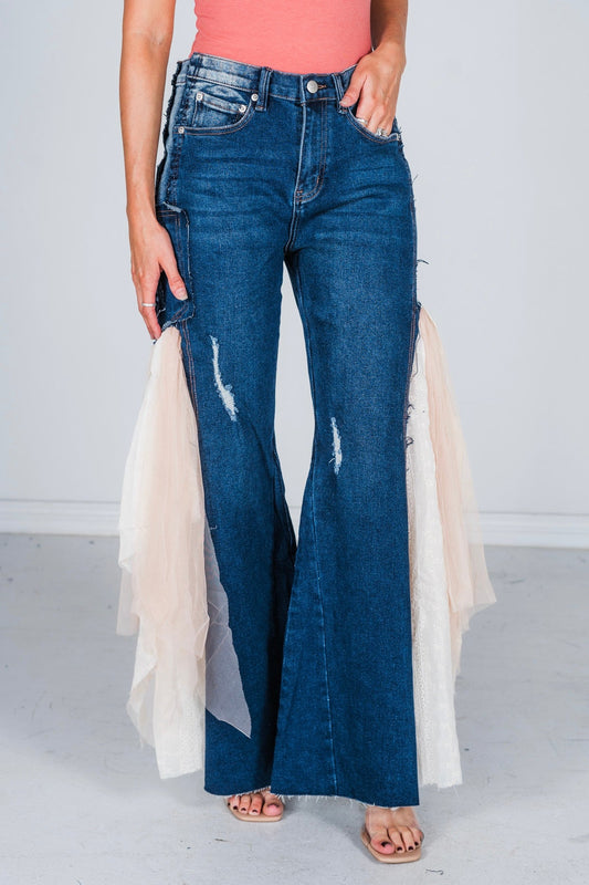 Lace & Mesh Inset Dark Denim Flare Jeans - Whiskey Skies - BLUEVELVET