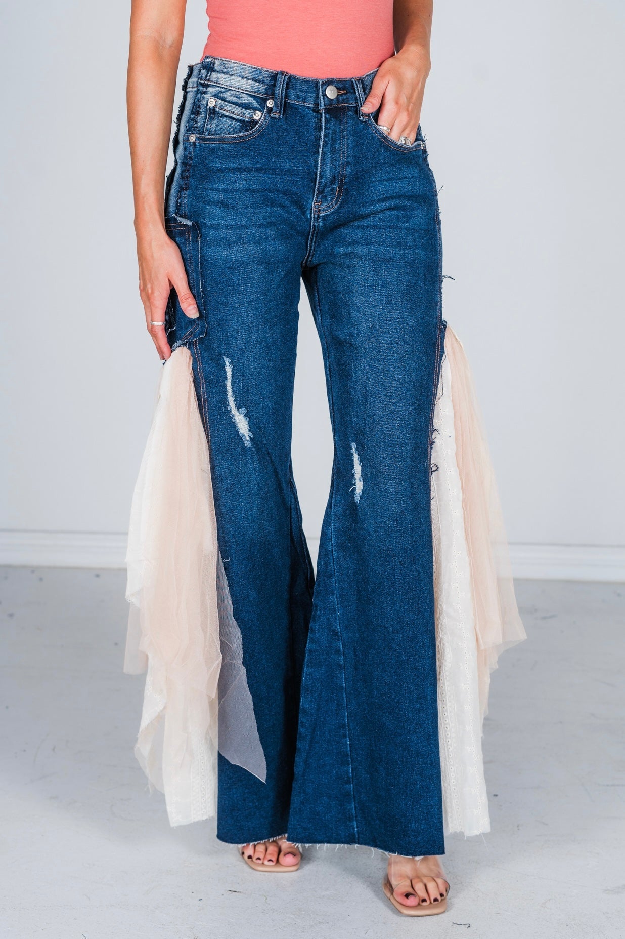 Lace & Mesh Inset Dark Denim Flare Jeans - Whiskey Skies - BLUEVELVET