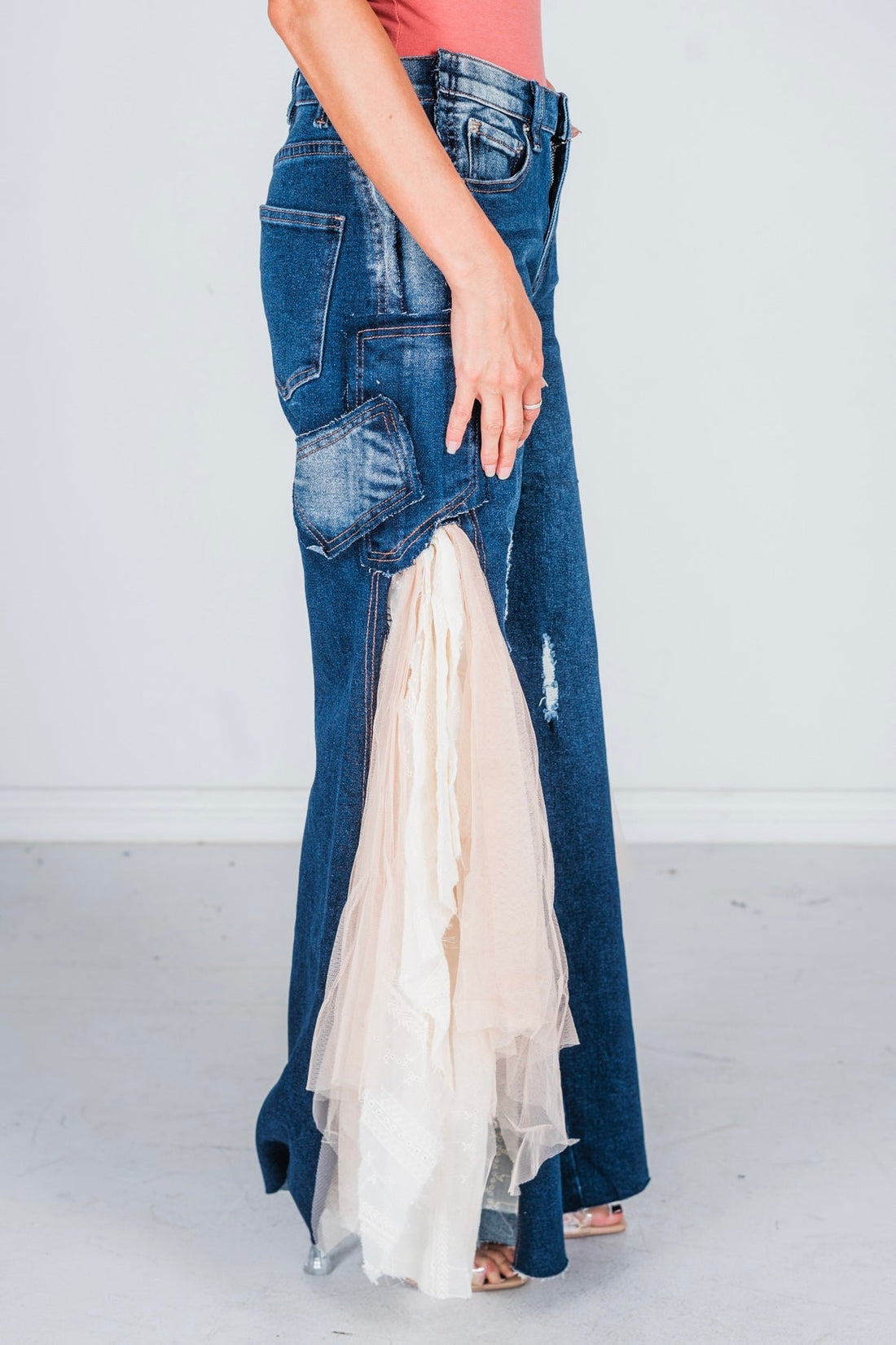 Lace & Mesh Inset Dark Denim Flare Jeans - Whiskey Skies - BLUEVELVET