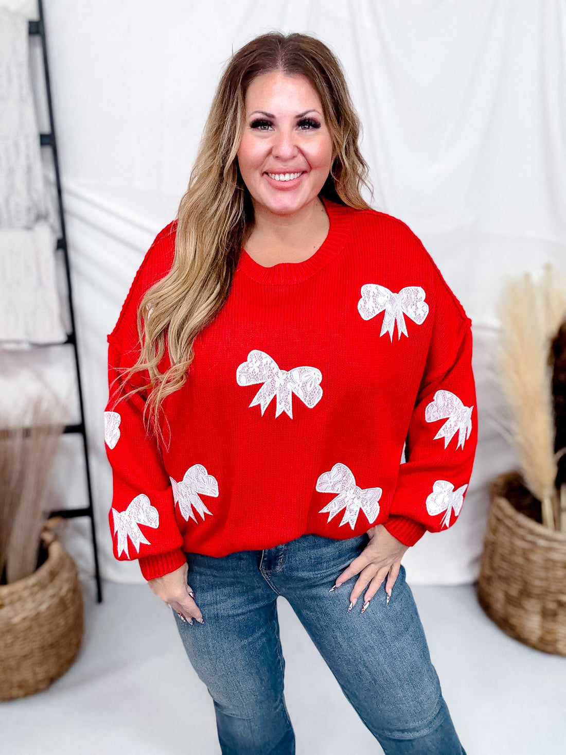 Lace Ribbon Bow Patch Detail Red Pullover Knit Sweater - Whiskey Skies - DAVI & DANI
