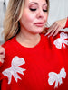Lace Ribbon Bow Patch Detail Red Pullover Knit Sweater - Whiskey Skies - DAVI & DANI