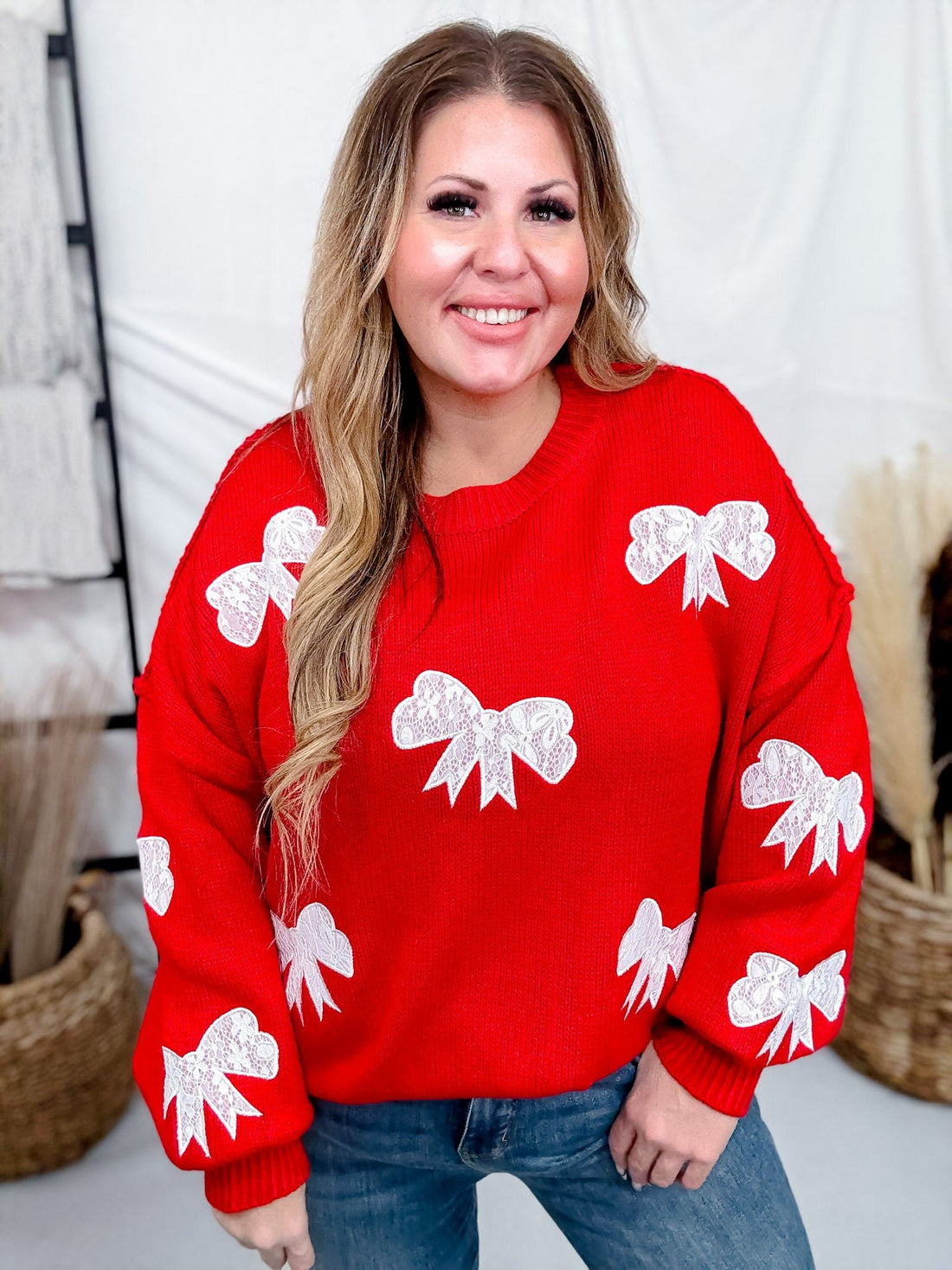 Lace Ribbon Bow Patch Detail Red Pullover Knit Sweater - Whiskey Skies - DAVI & DANI