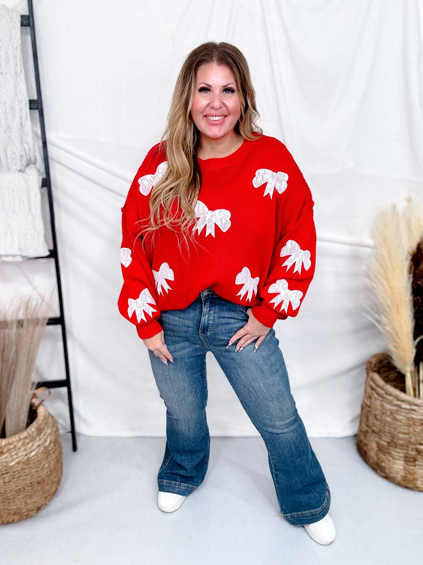 Lace Ribbon Bow Patch Detail Red Pullover Knit Sweater - Whiskey Skies - DAVI & DANI