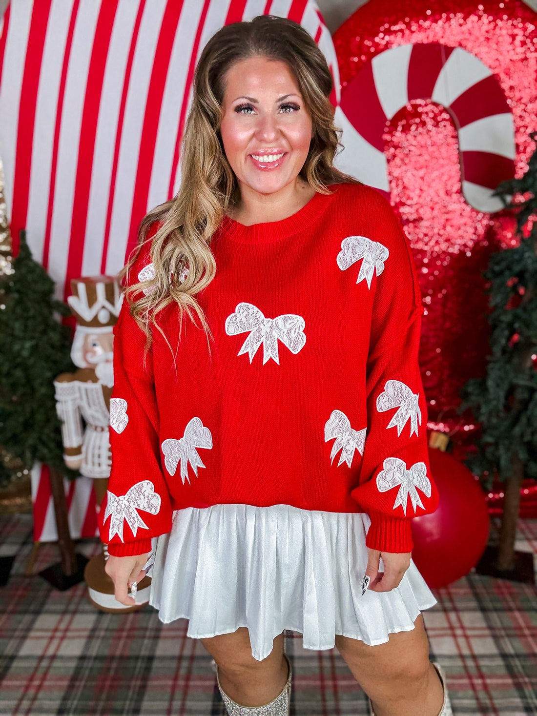 Lace Ribbon Bow Patch Detail Red Pullover Knit Sweater - Whiskey Skies - DAVI & DANI