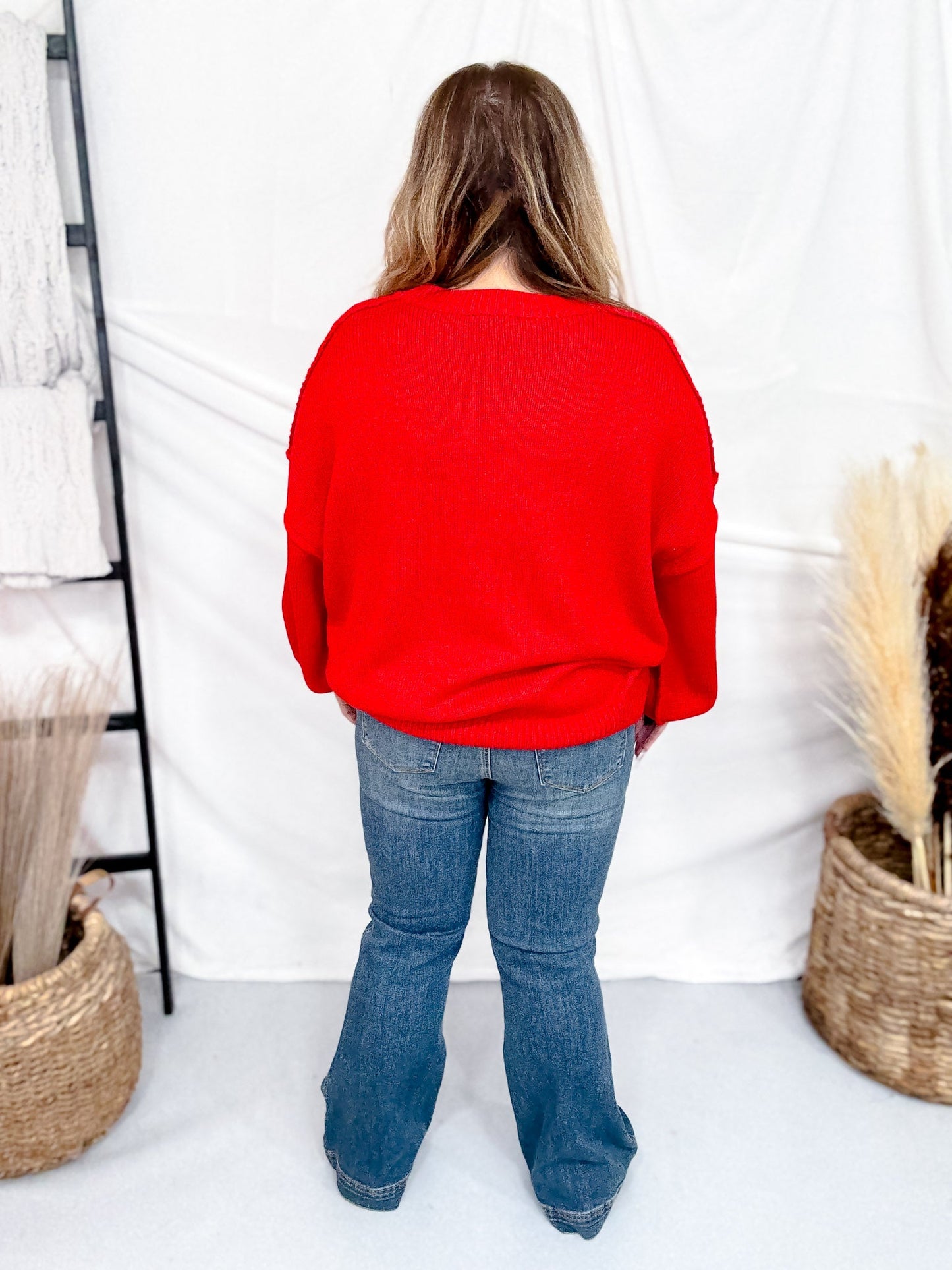 Lace Ribbon Bow Patch Detail Red Pullover Knit Sweater - Whiskey Skies - DAVI & DANI