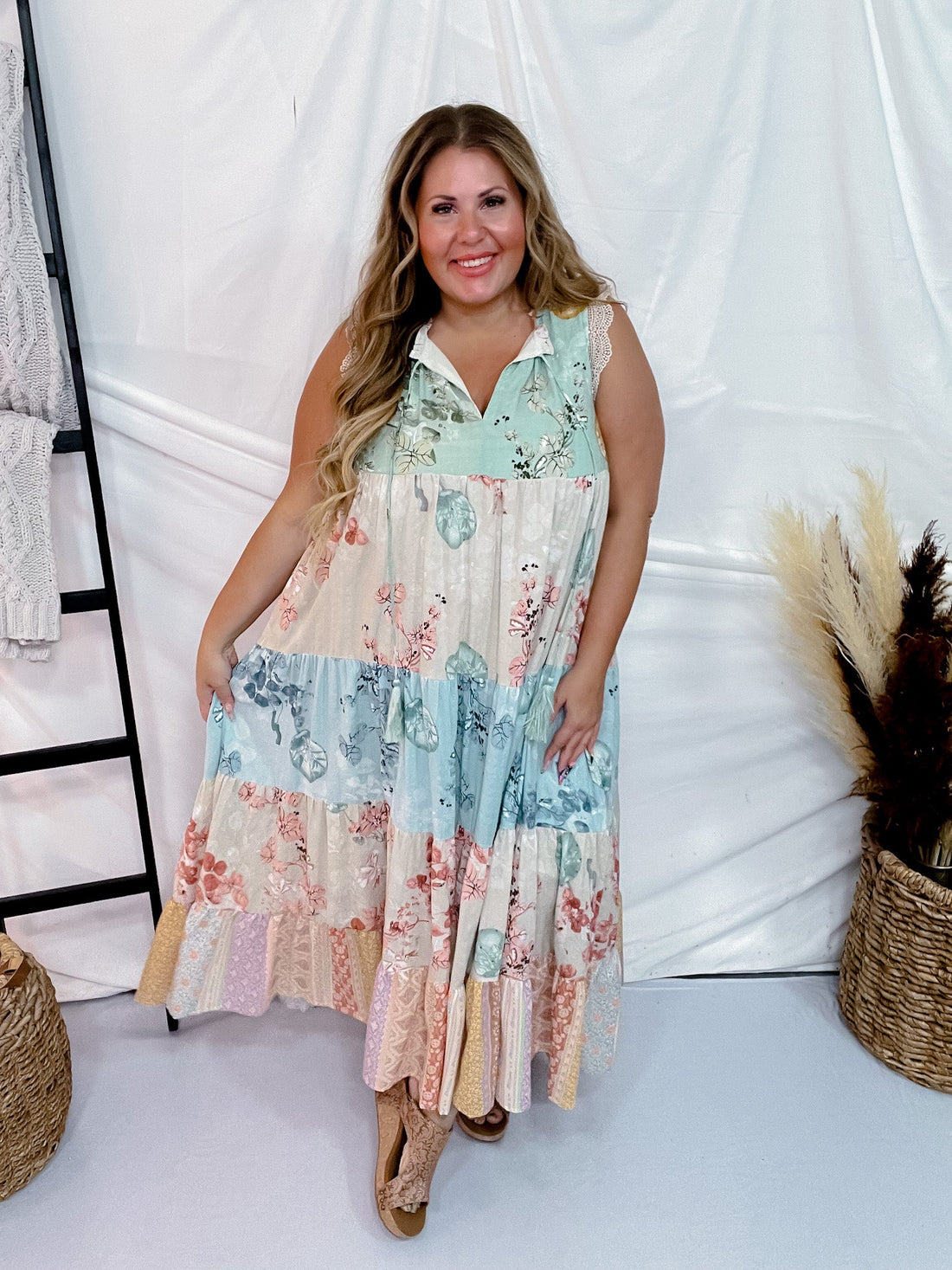 Lace Trim Mixed Floral Maxi Dress - Whiskey Skies - DAVI & DANI