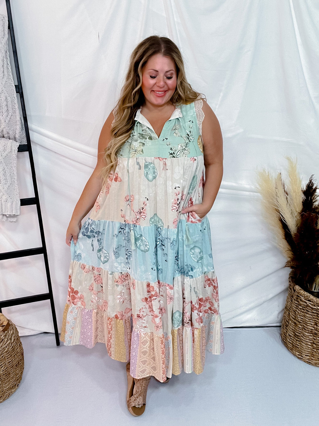 Lace Trim Mixed Floral Maxi Dress - Whiskey Skies - DAVI & DANI