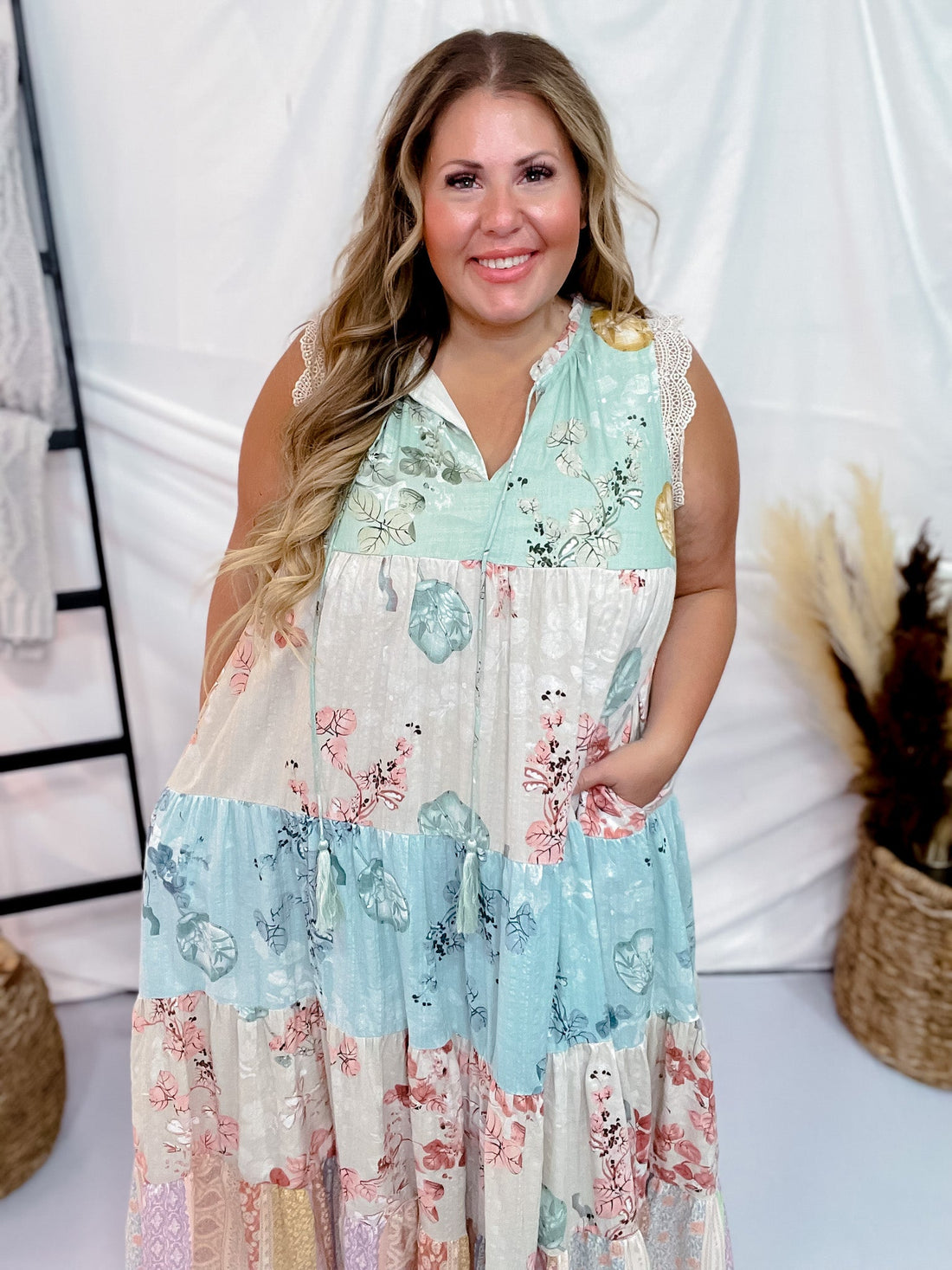 Lace Trim Mixed Floral Maxi Dress - Whiskey Skies - DAVI & DANI