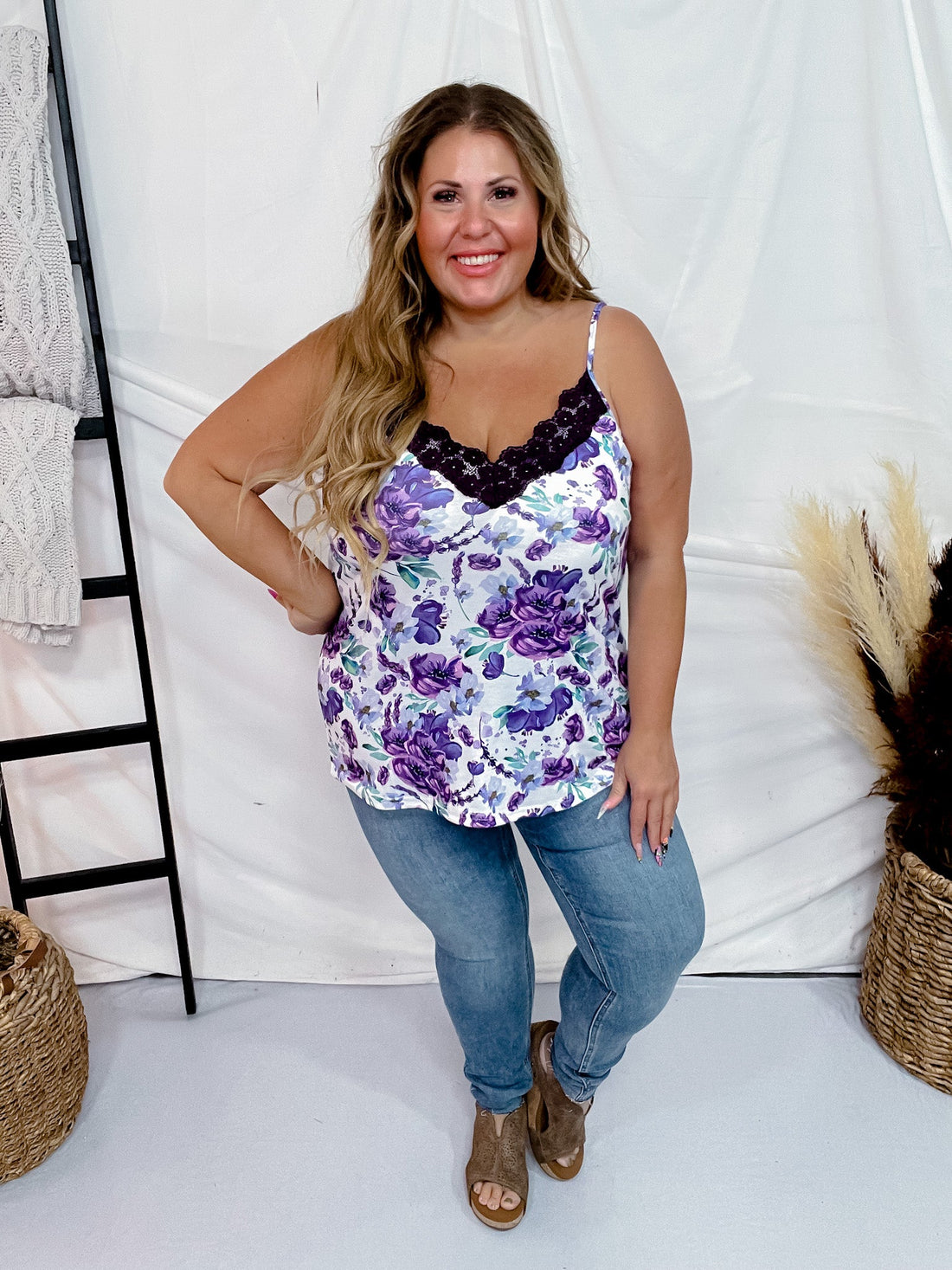 Lace Trim Purple Floral Tank Top - Whiskey Skies - SHIRLEY & STONE