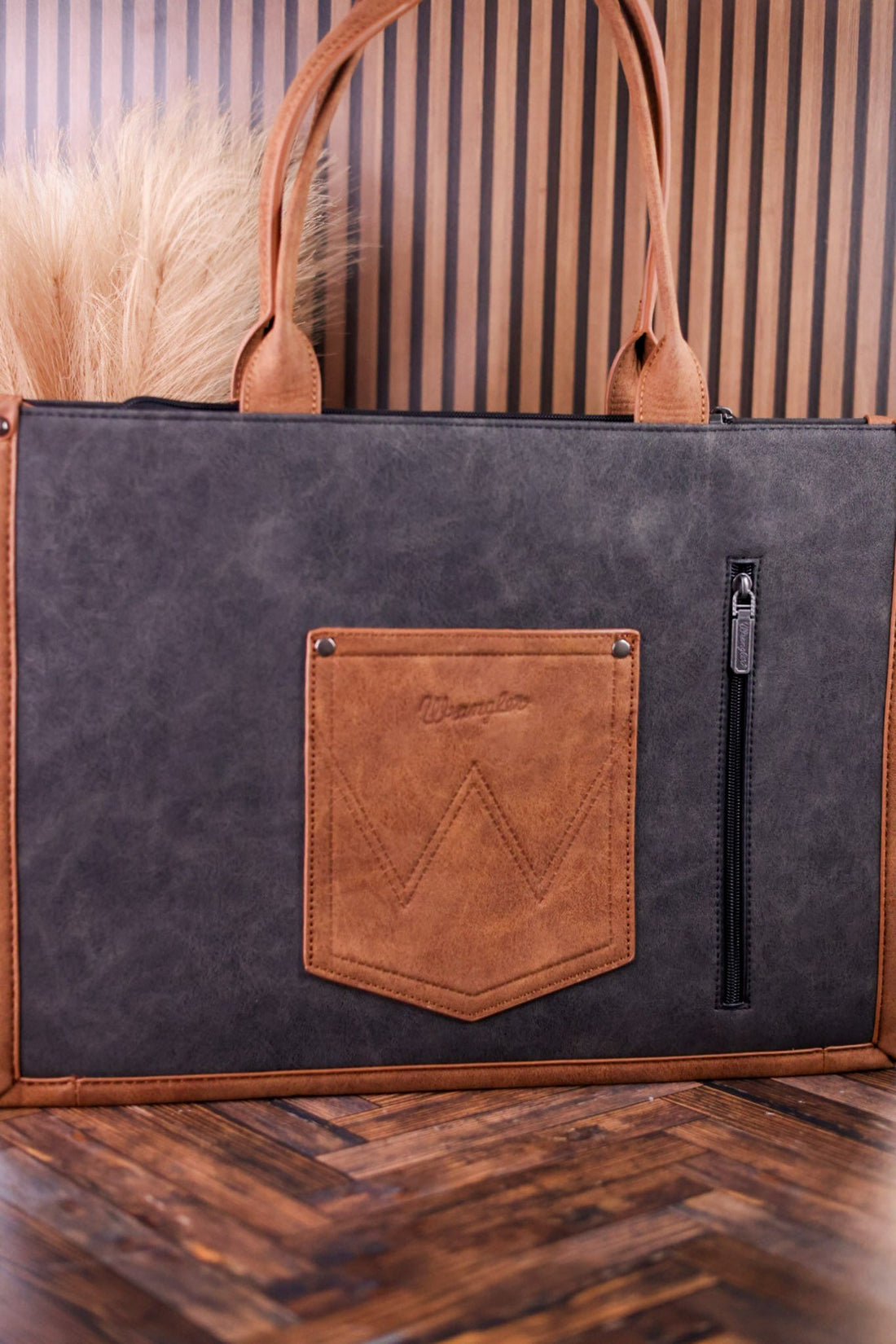 Large Black Vegan Leather Tote With Wrangler Belt Buckle - Whiskey Skies - MONTANA WEST