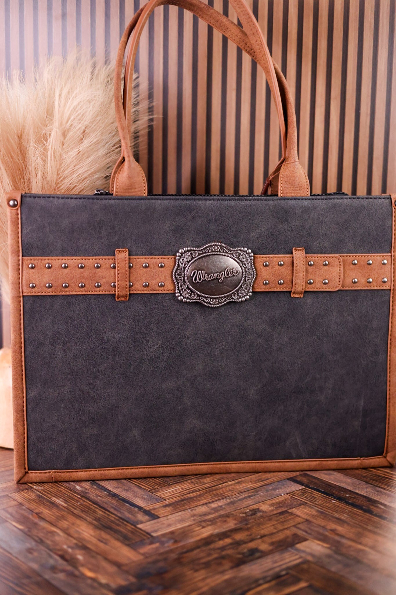 Large Black Vegan Leather Tote With Wrangler Belt Buckle - Whiskey Skies - MONTANA WEST