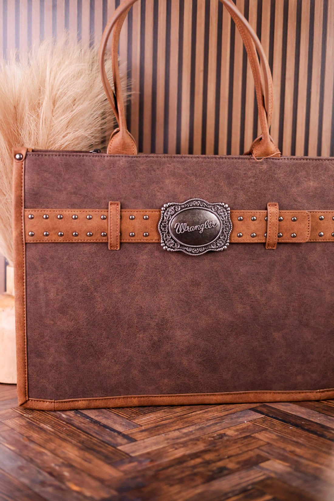 Large Coffee Brown Vegan Leather Tote Bag With Wrangler Belt Buckle - Whiskey Skies - MONTANA WEST