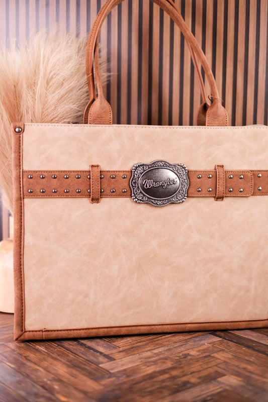 Large Tan Vegan Leather Tote Bag With Wrangler Belt Buckle - Whiskey Skies - MONTANA WEST
