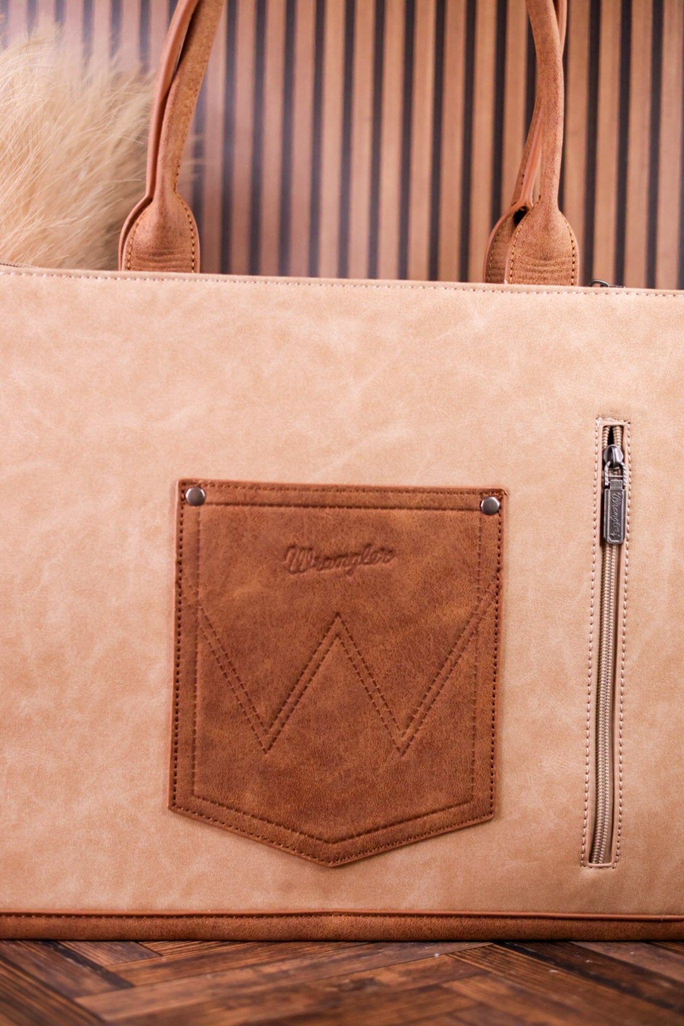 Large Tan Vegan Leather Tote Bag With Wrangler Belt Buckle - Whiskey Skies - MONTANA WEST