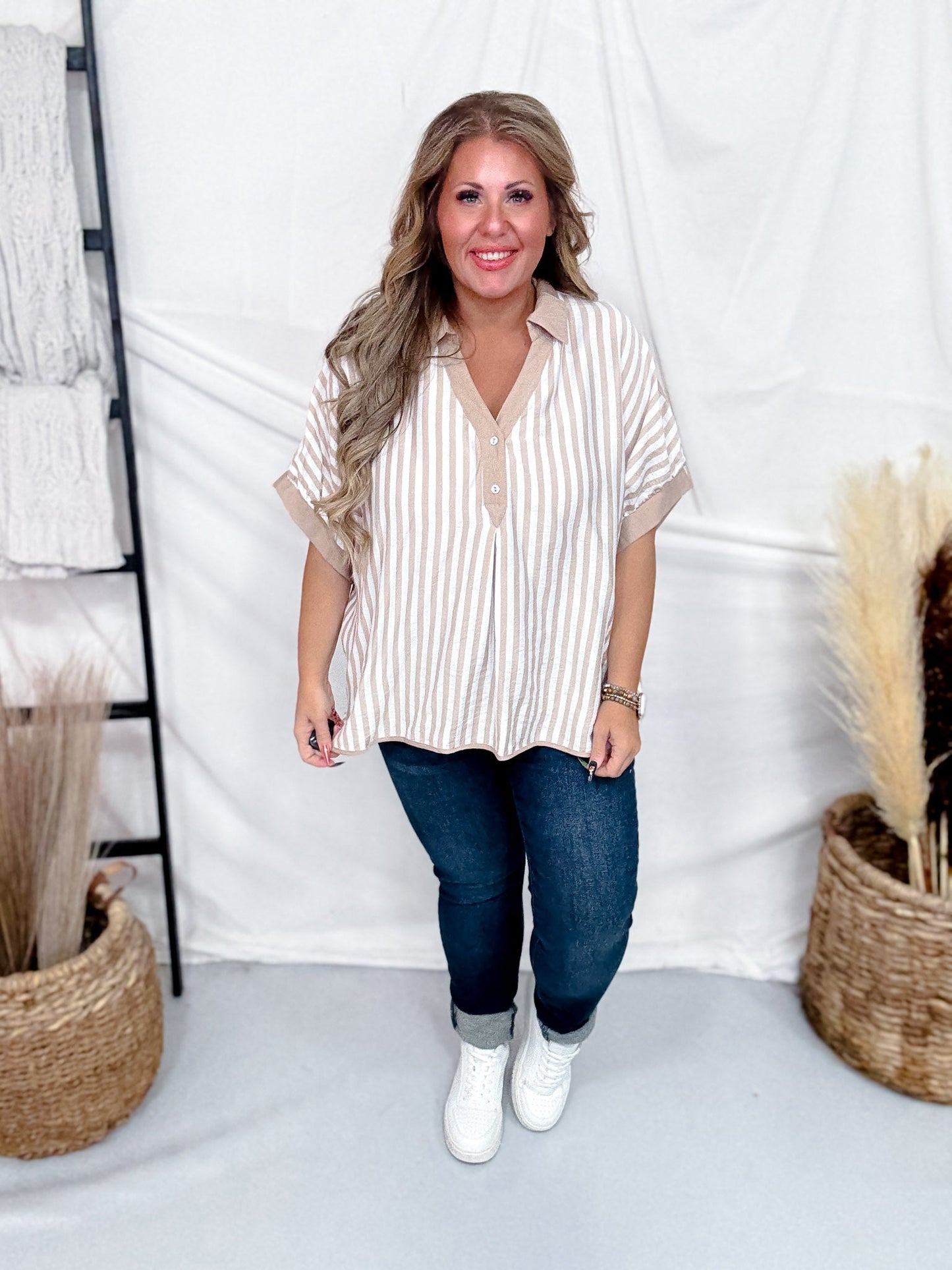 Latte Striped Top With Split V - Neck & Cuffed Sleeves - Whiskey Skies - UMGEE