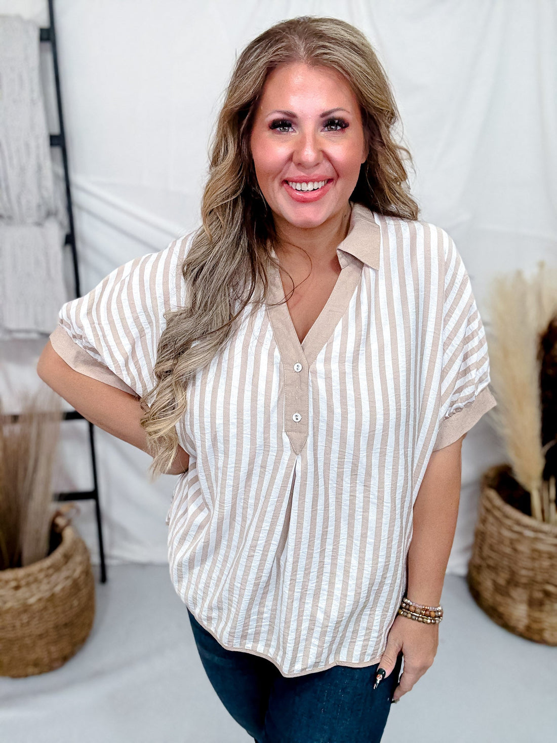 Latte Striped Top With Split V - Neck & Cuffed Sleeves - Whiskey Skies - UMGEE