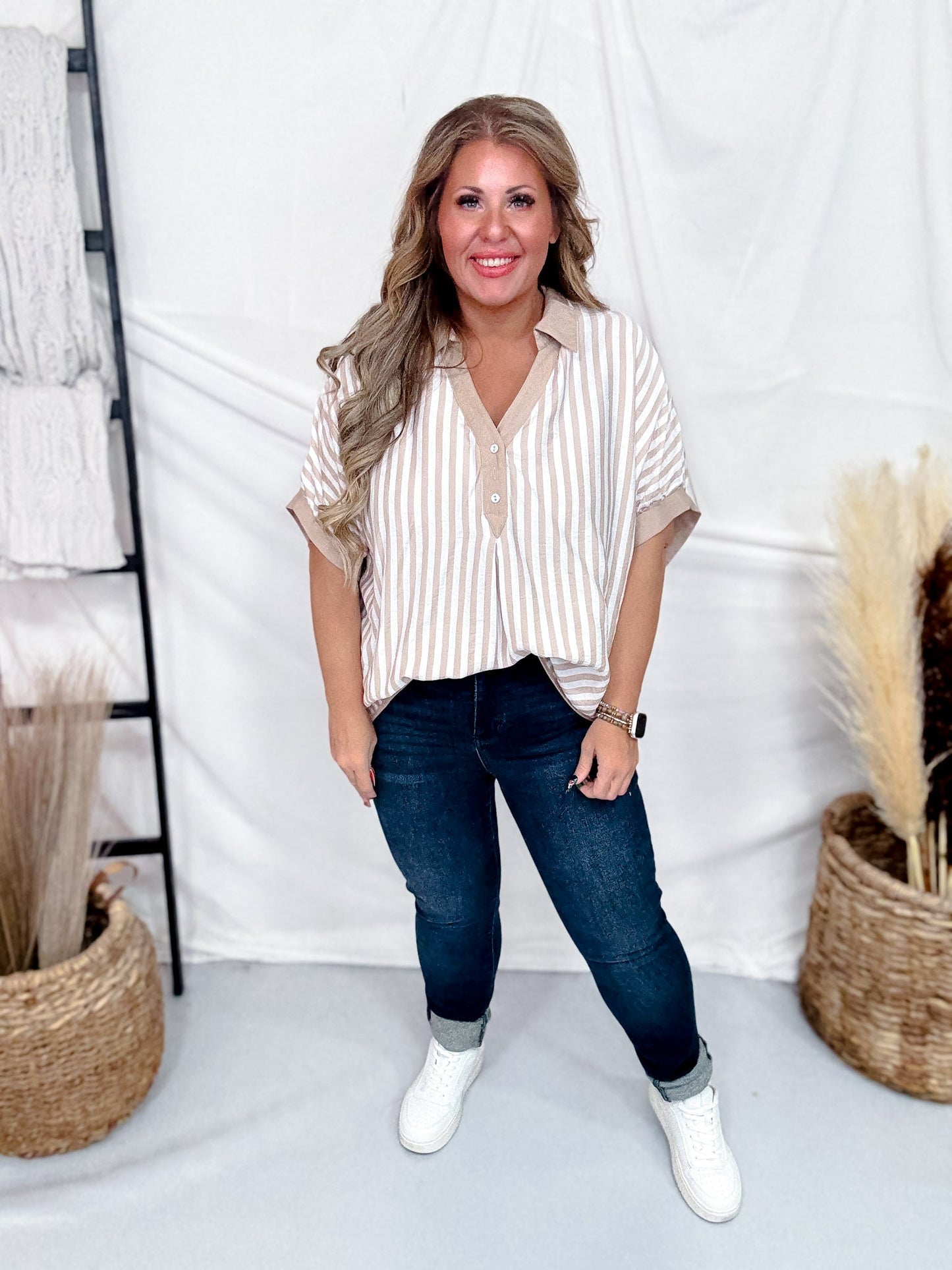 Latte Striped Top With Split V - Neck & Cuffed Sleeves - Whiskey Skies - UMGEE