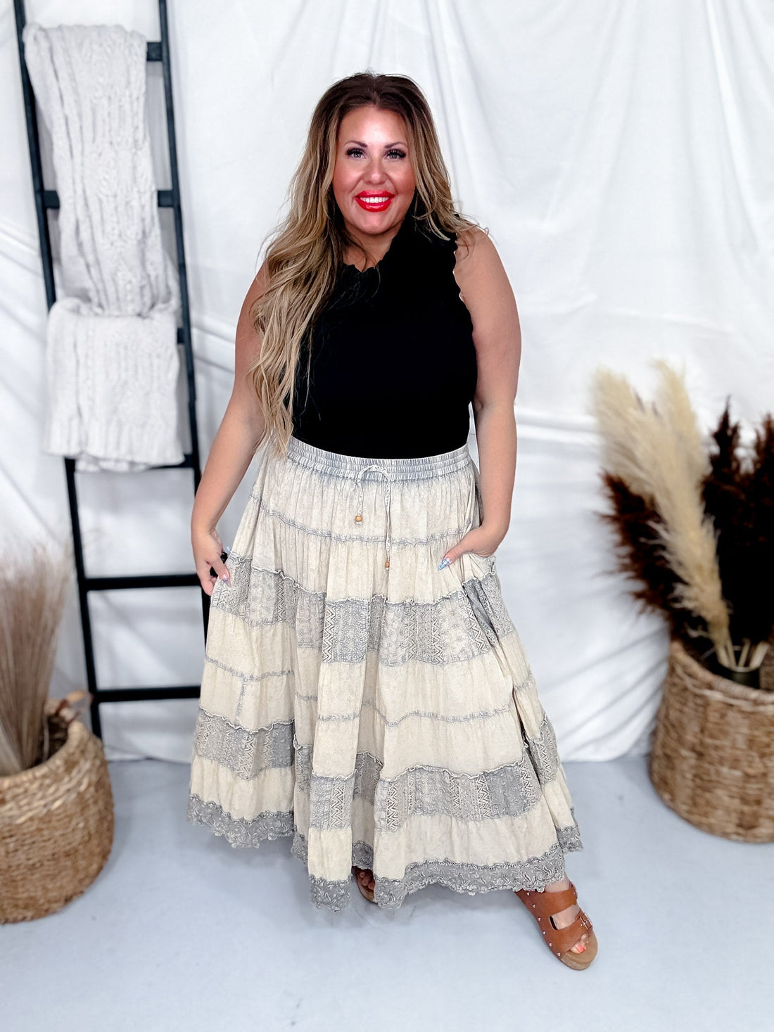 Latte Tiered Crinkle Skirt W/ Patchwork Detailing - Whiskey Skies - YOUNG THREADS