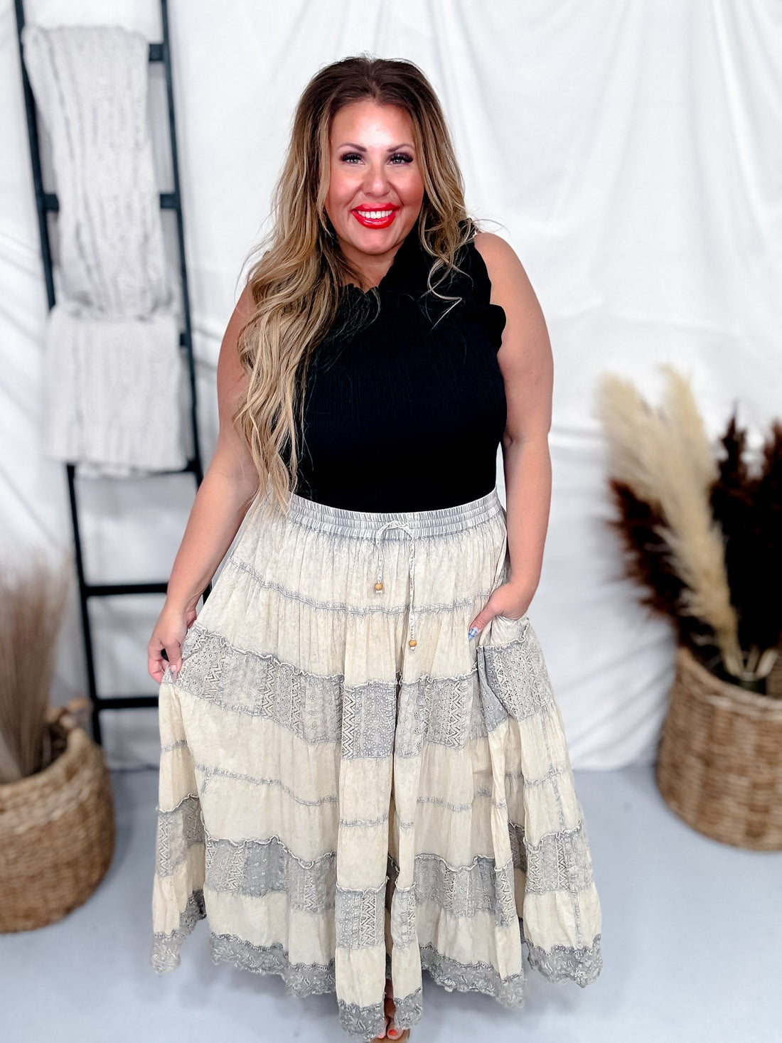 Latte Tiered Crinkle Skirt W/ Patchwork Detailing - Whiskey Skies - YOUNG THREADS