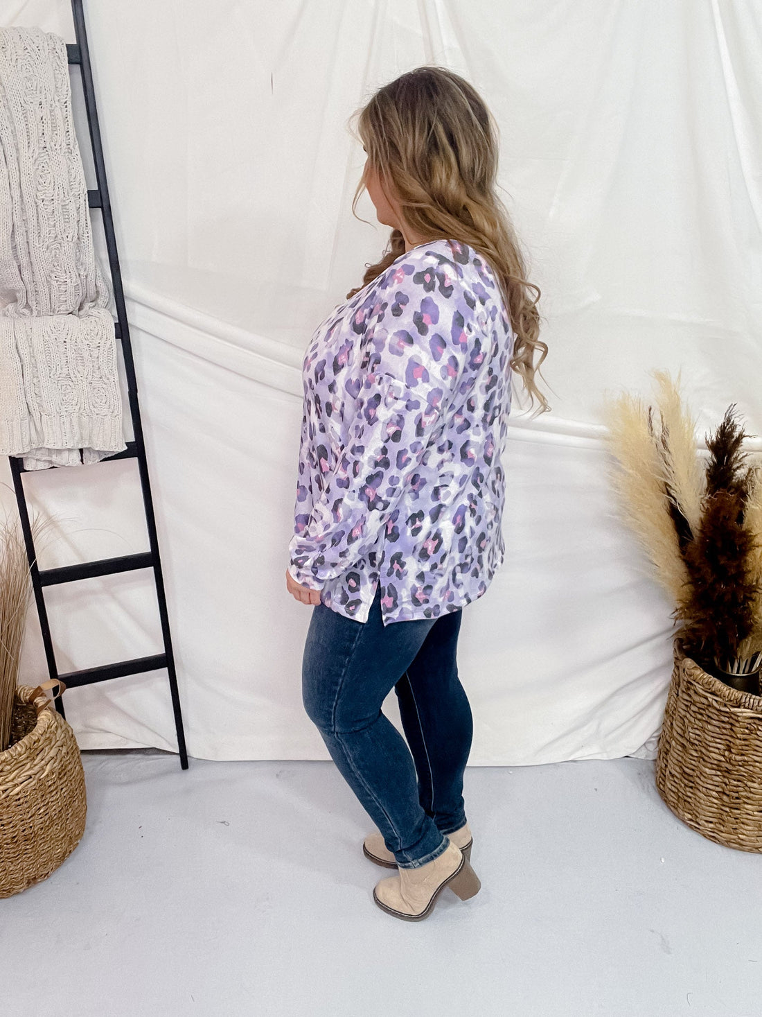 Lavender Leopard Print V Neck Top with Dolman Sleeves - Whiskey Skies - DEAR SCARLETT