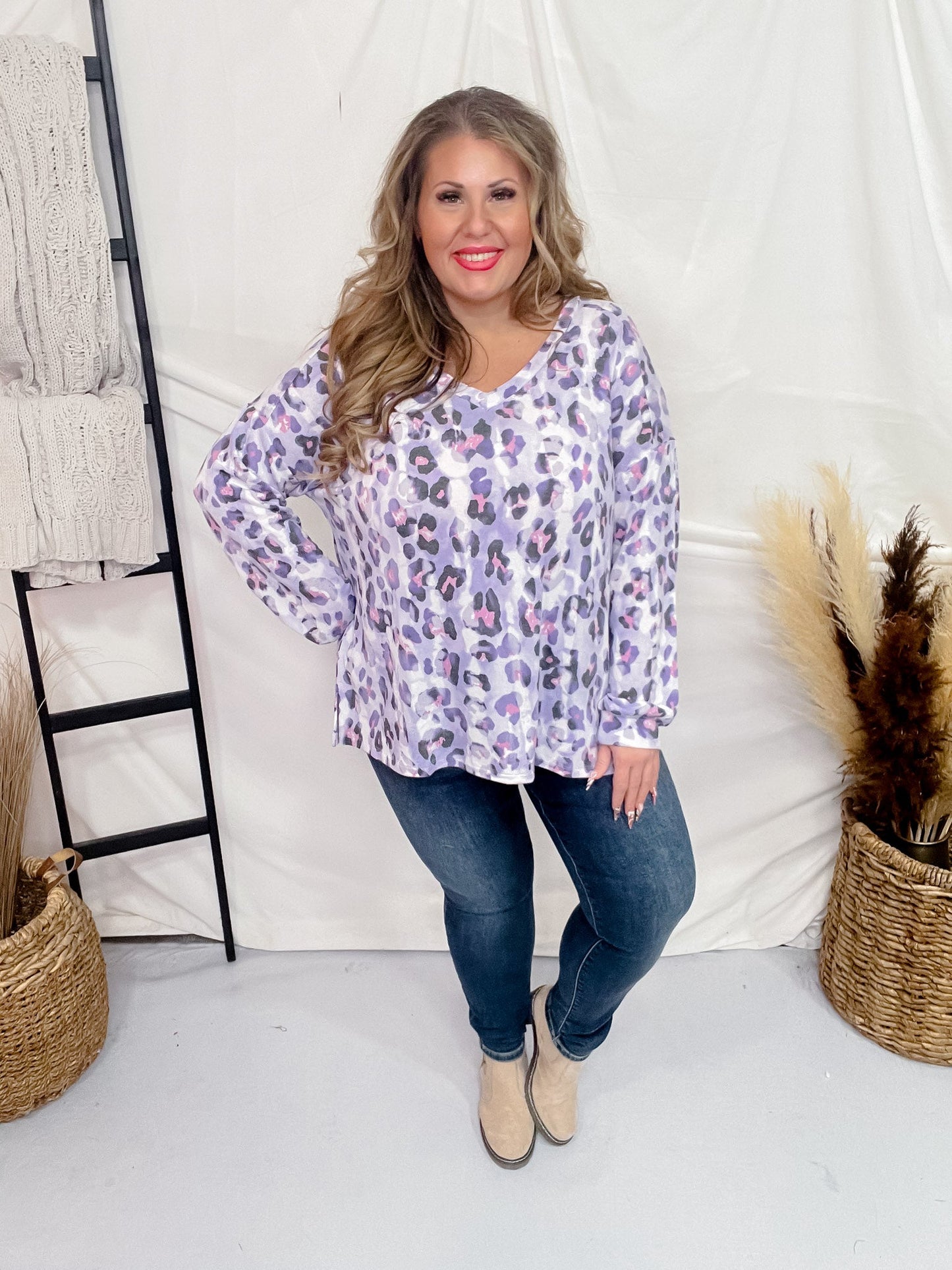 Lavender Leopard Print V Neck Top with Dolman Sleeves - Whiskey Skies - DEAR SCARLETT