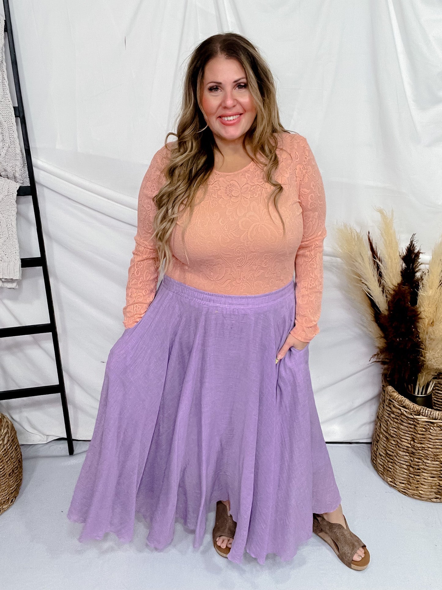 Lavender Maxi Skirt W/ Side Pockets - Whiskey Skies - WHITE BIRCH