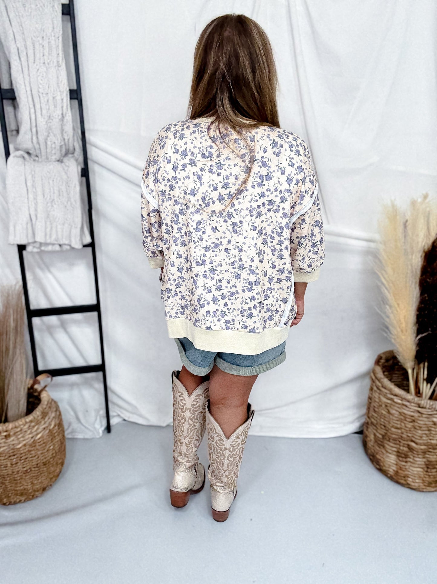 Lavender Print Short Sleeve Corduroy Top With Open Seams - Whiskey Skies - BIBI