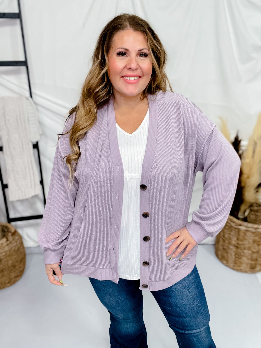 Lavender Ribbed Button Down Cardigan - Whiskey Skies - STYLIVE