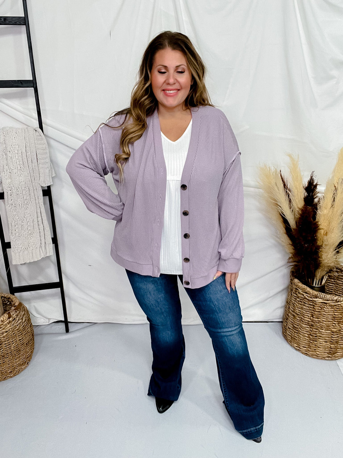 Lavender Ribbed Button Down Cardigan - Whiskey Skies - STYLIVE