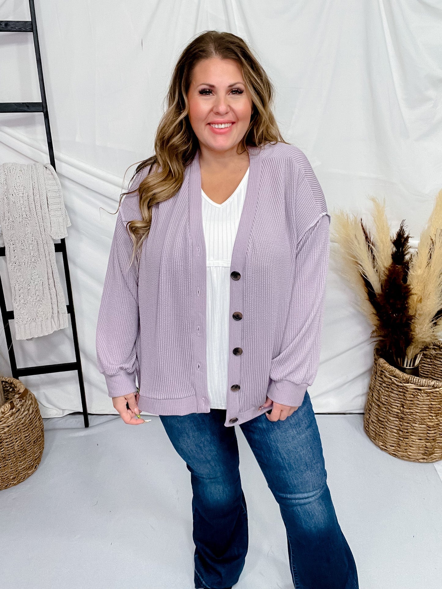 Lavender Ribbed Button Down Cardigan - Whiskey Skies - STYLIVE