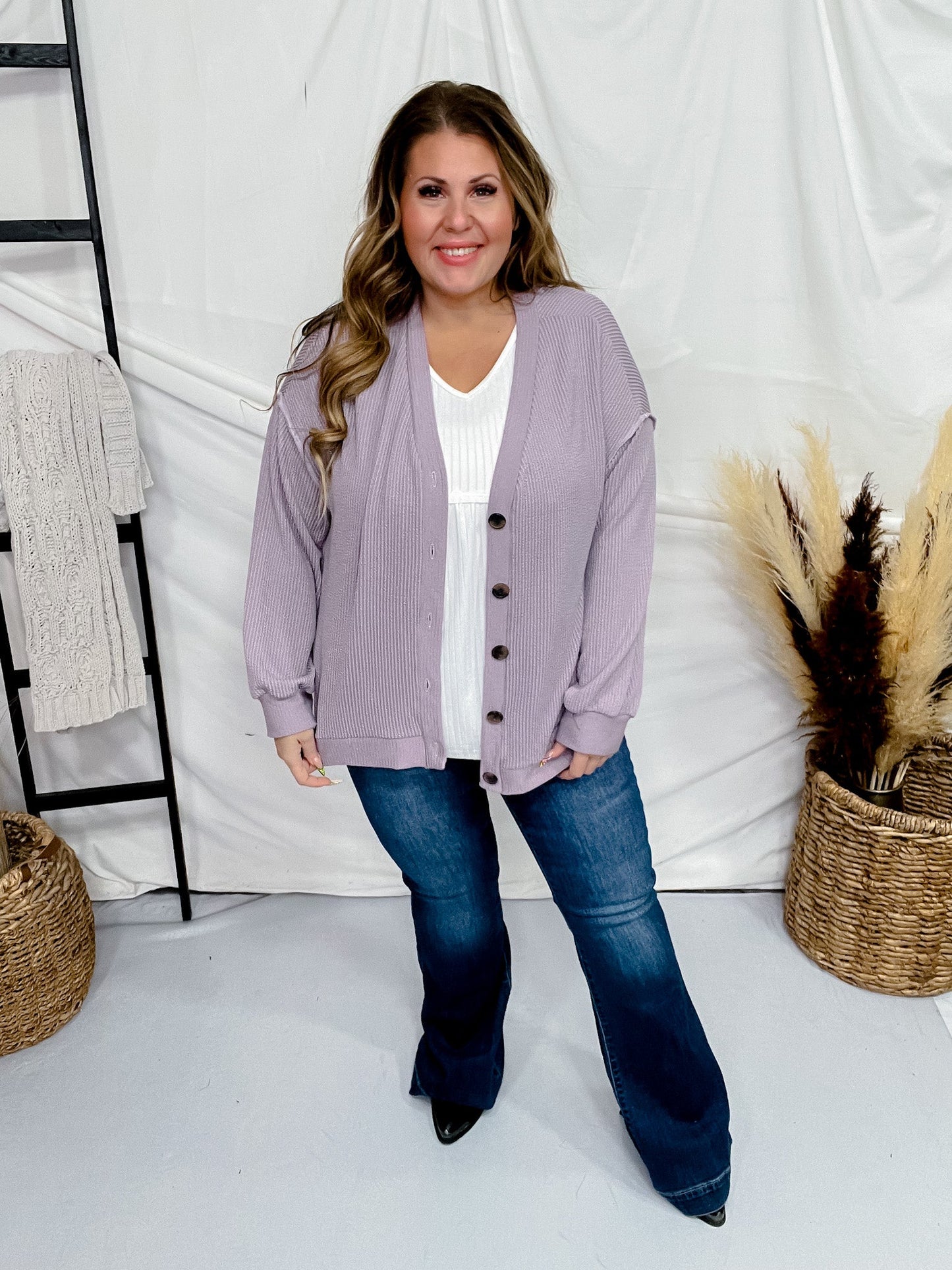 Lavender Ribbed Button Down Cardigan - Whiskey Skies - STYLIVE