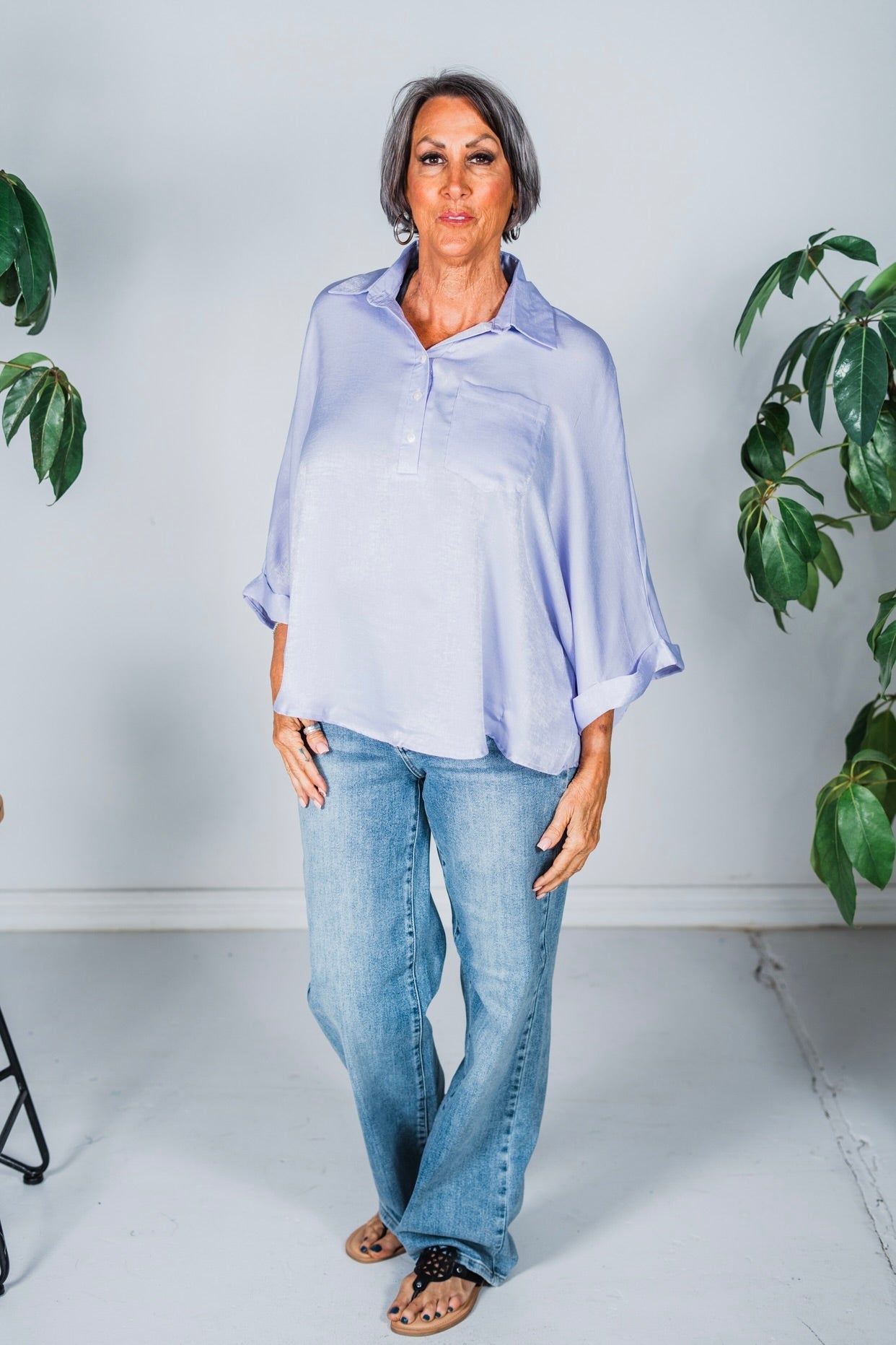 Lavender Satin Feel Oversized Top with Dolman Sleeves - Whiskey Skies - ANDREE BY UNIT