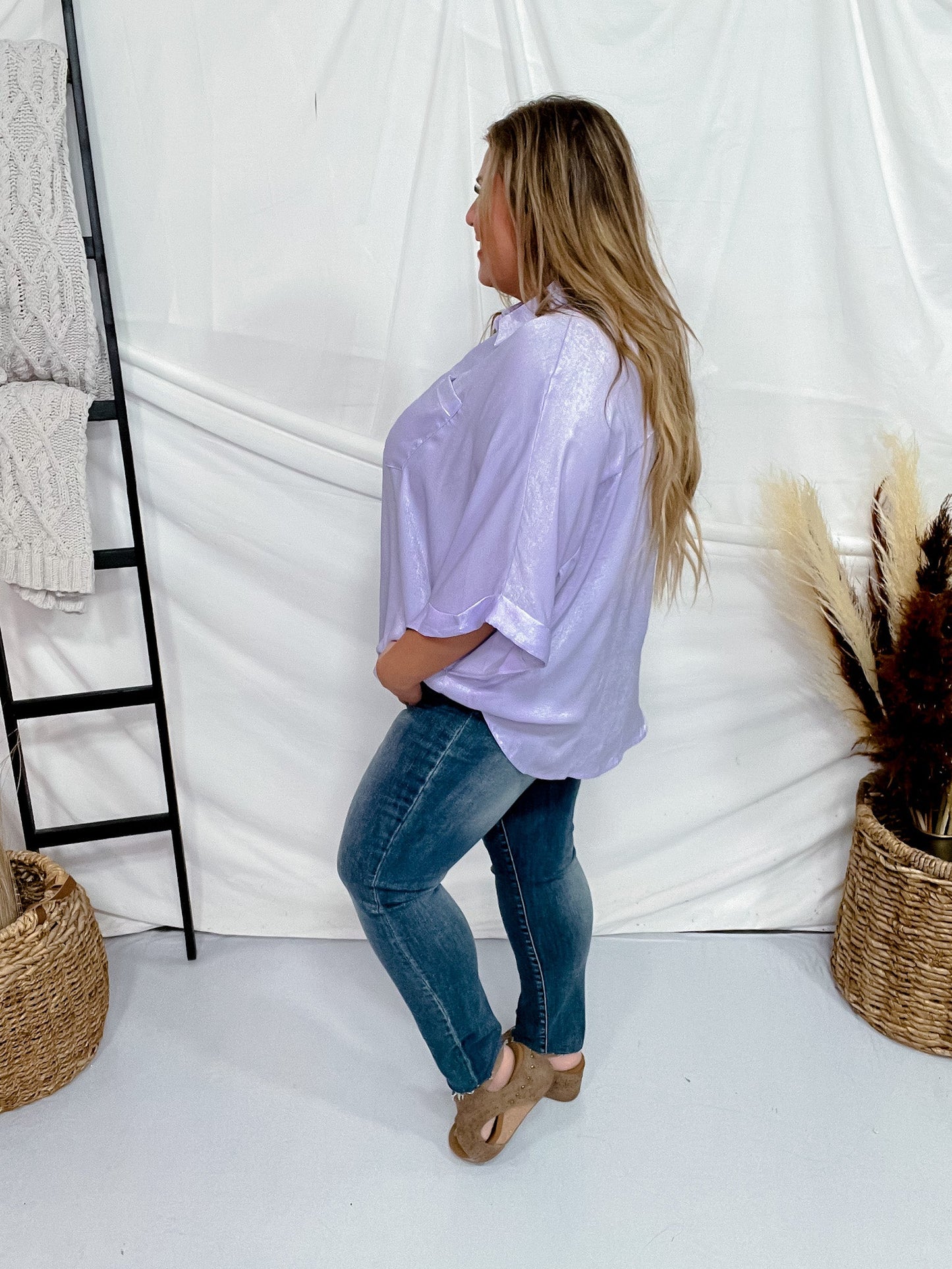 Lavender Satin Feel Oversized Top with Dolman Sleeves - Whiskey Skies - ANDREE BY UNIT