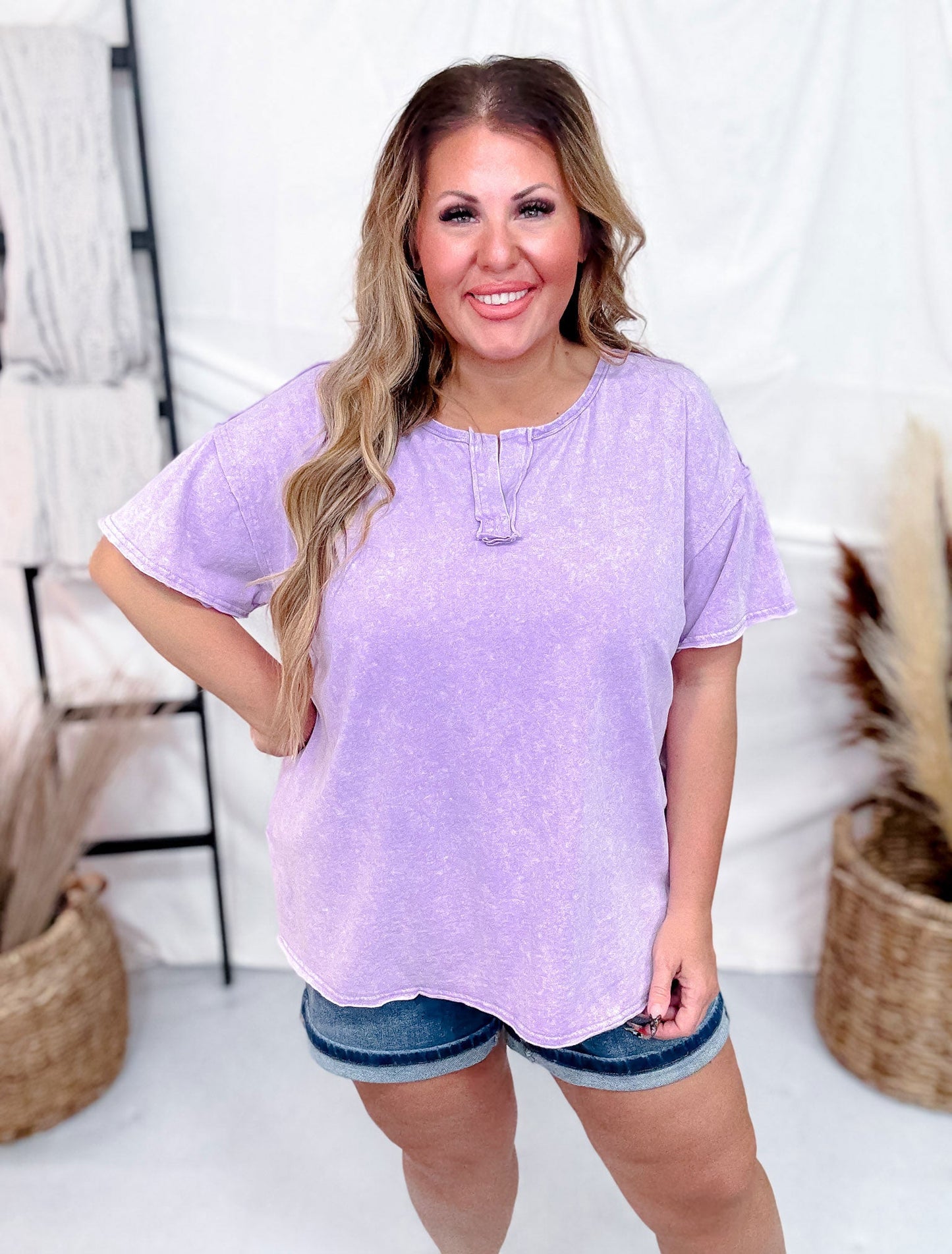 Lavender Short Sleeve Top with Side Slits - Whiskey Skies - WHITE BIRCH