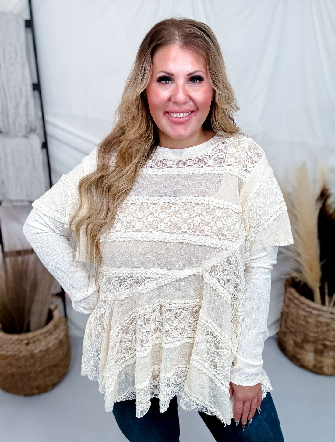 Layered Lace Long Sleeve Top In Cream - Whiskey Skies - EASEL