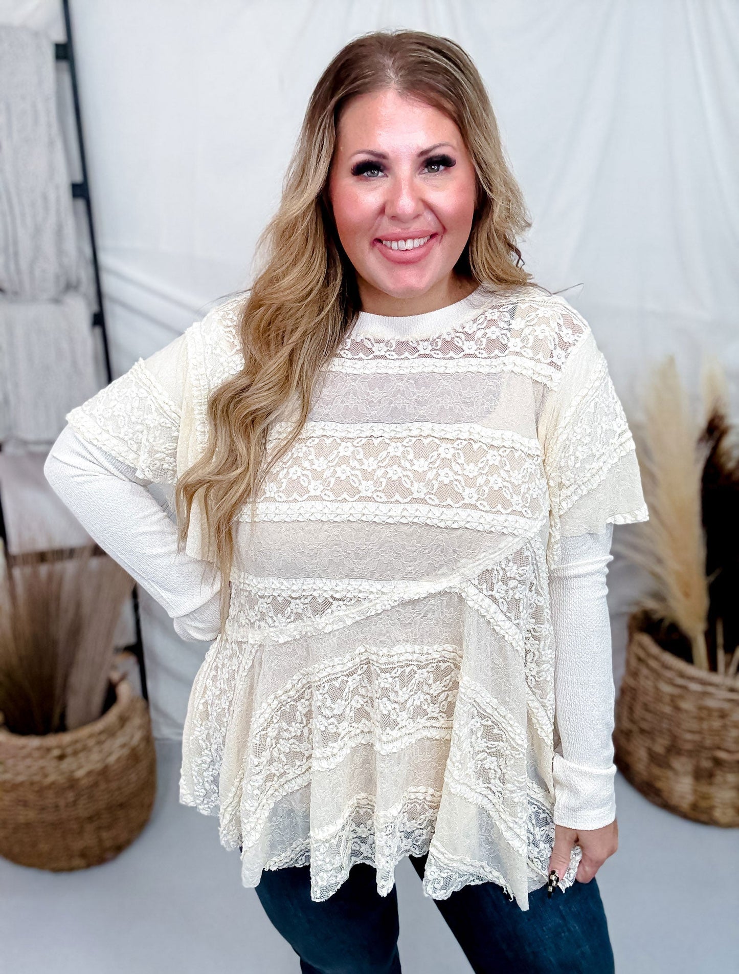 Layered Lace Long Sleeve Top In Cream - Whiskey Skies - EASEL