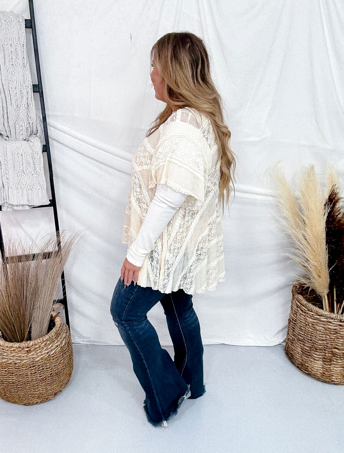 Layered Lace Long Sleeve Top In Cream - Whiskey Skies - EASEL