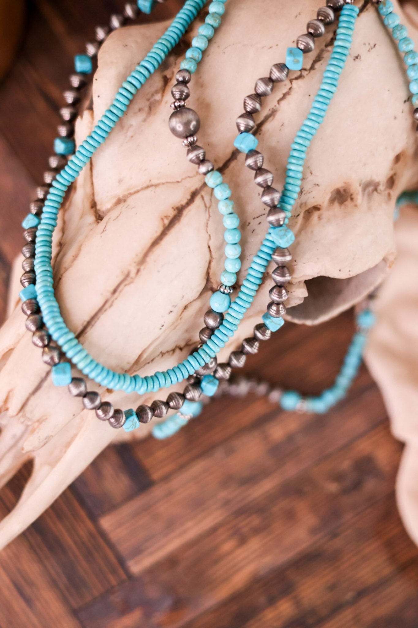 Layered Necklace With Cowgirl Pearls & Square Turquoise Beads - Whiskey Skies - BOHO RANCH SHOP