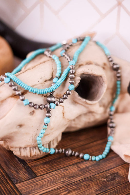 Layered Necklace With Cowgirl Pearls & Square Turquoise Beads - Whiskey Skies - BOHO RANCH SHOP
