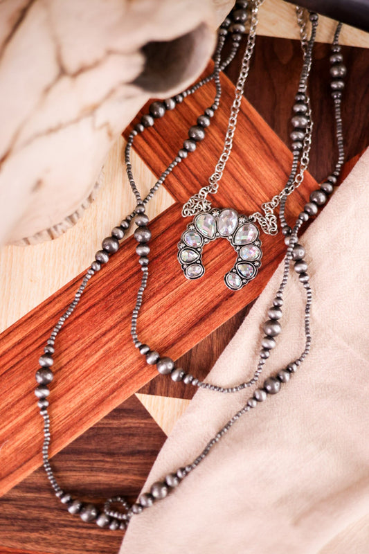 Layered Squash Blossom Pendant & Navajo Pearl Clear Stone Necklace - Whiskey Skies - BOHO RANCH SHOP