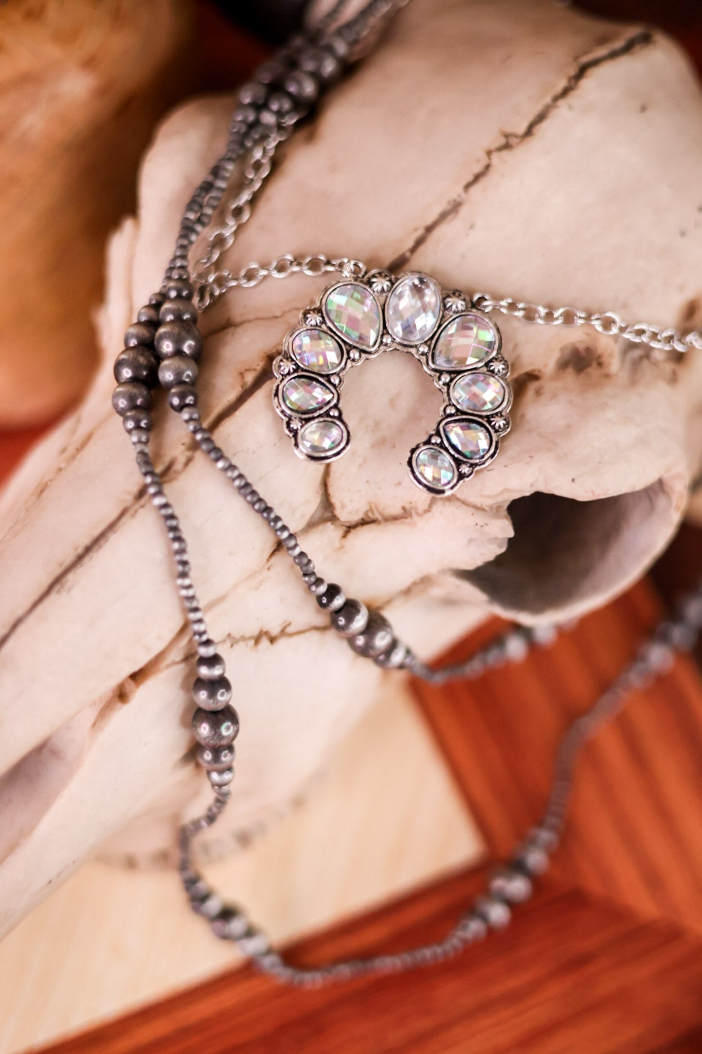 Layered Squash Blossom Pendant & Navajo Pearl Clear Stone Necklace - Whiskey Skies - BOHO RANCH SHOP