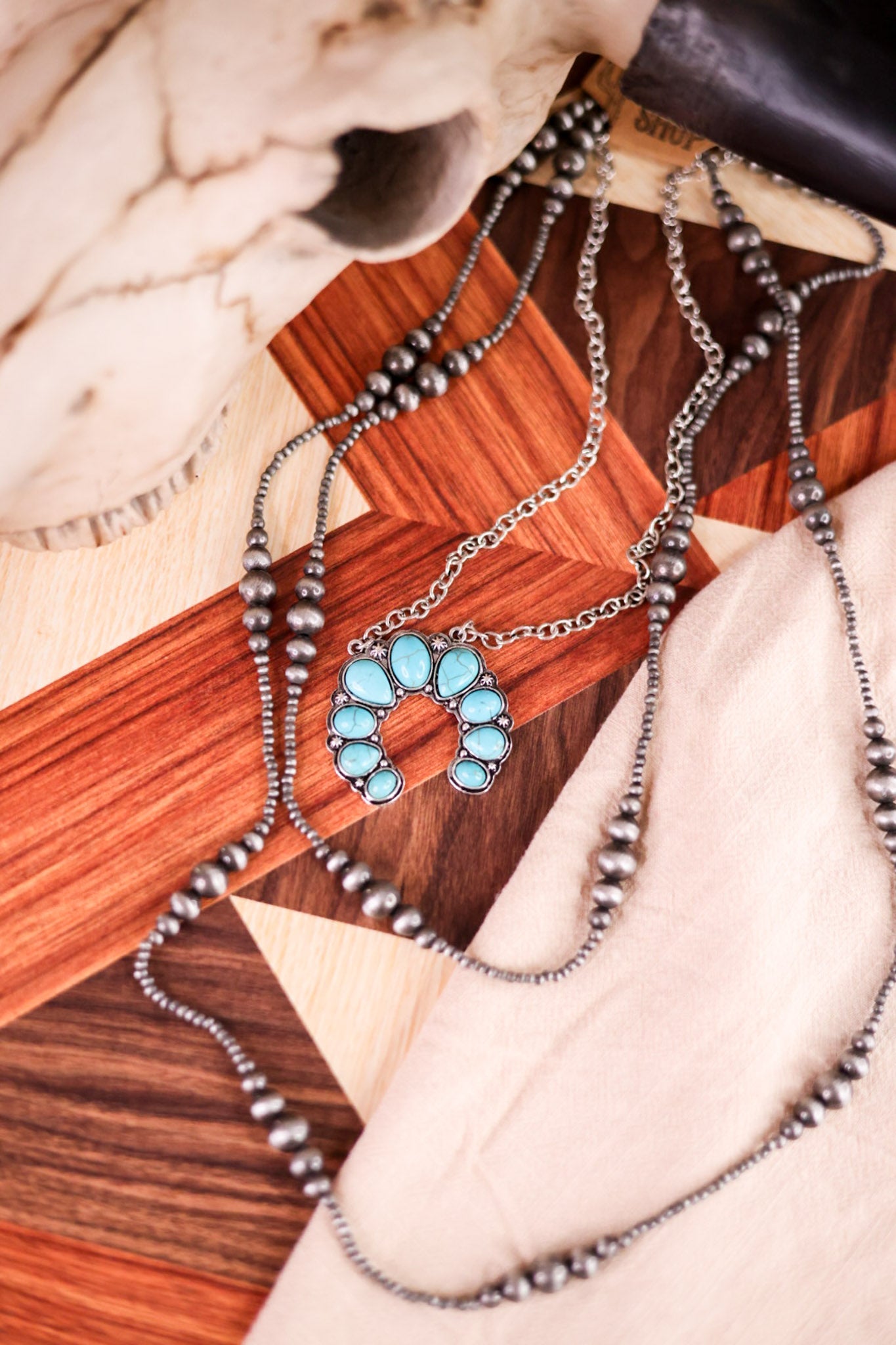 Layered Squash Blossom Pendant & Navajo Pearl Turquoise Necklace - Whiskey Skies - BOHO RANCH SHOP