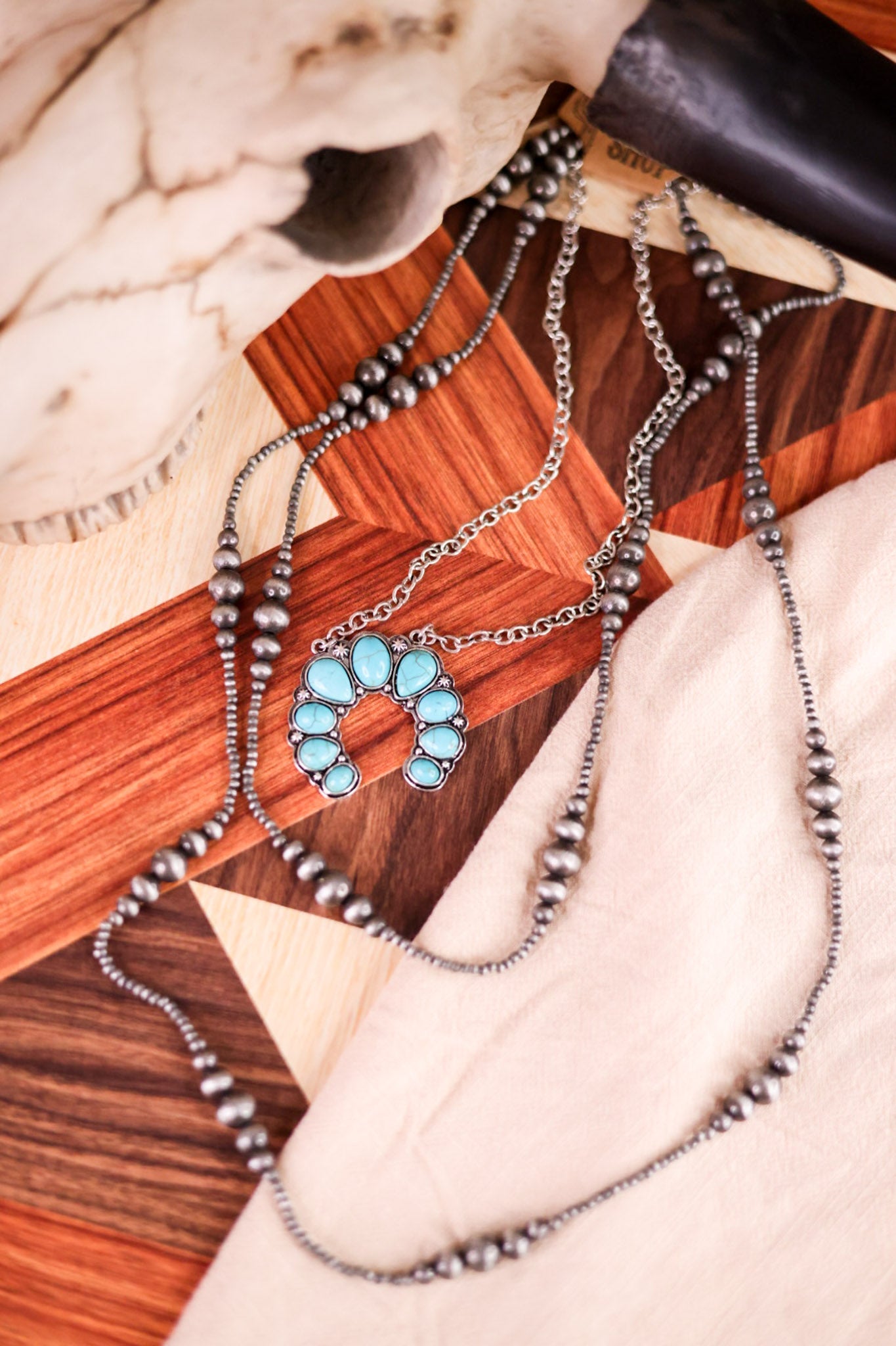 Layered Squash Blossom Pendant & Navajo Pearl Turquoise Necklace - Whiskey Skies - BOHO RANCH SHOP