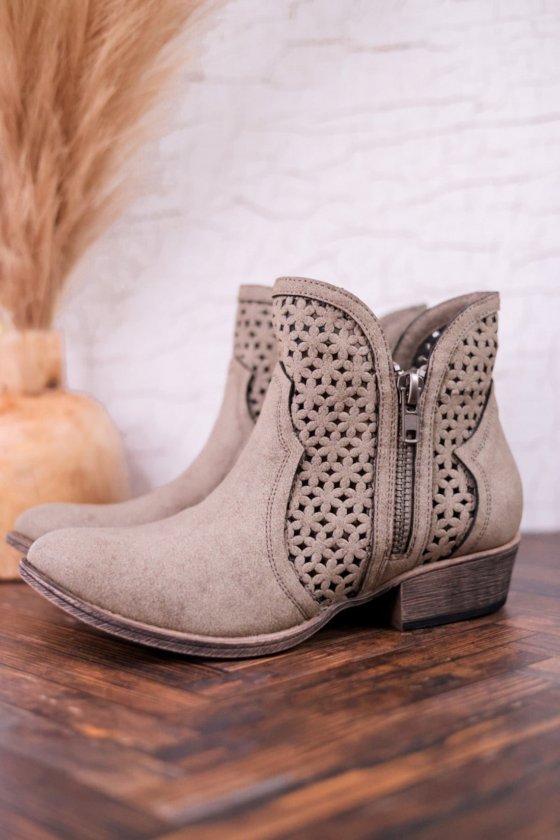 Leah 2 Grey Ankle Booties with Laser Cut Detailing - Whiskey Skies - VERY G