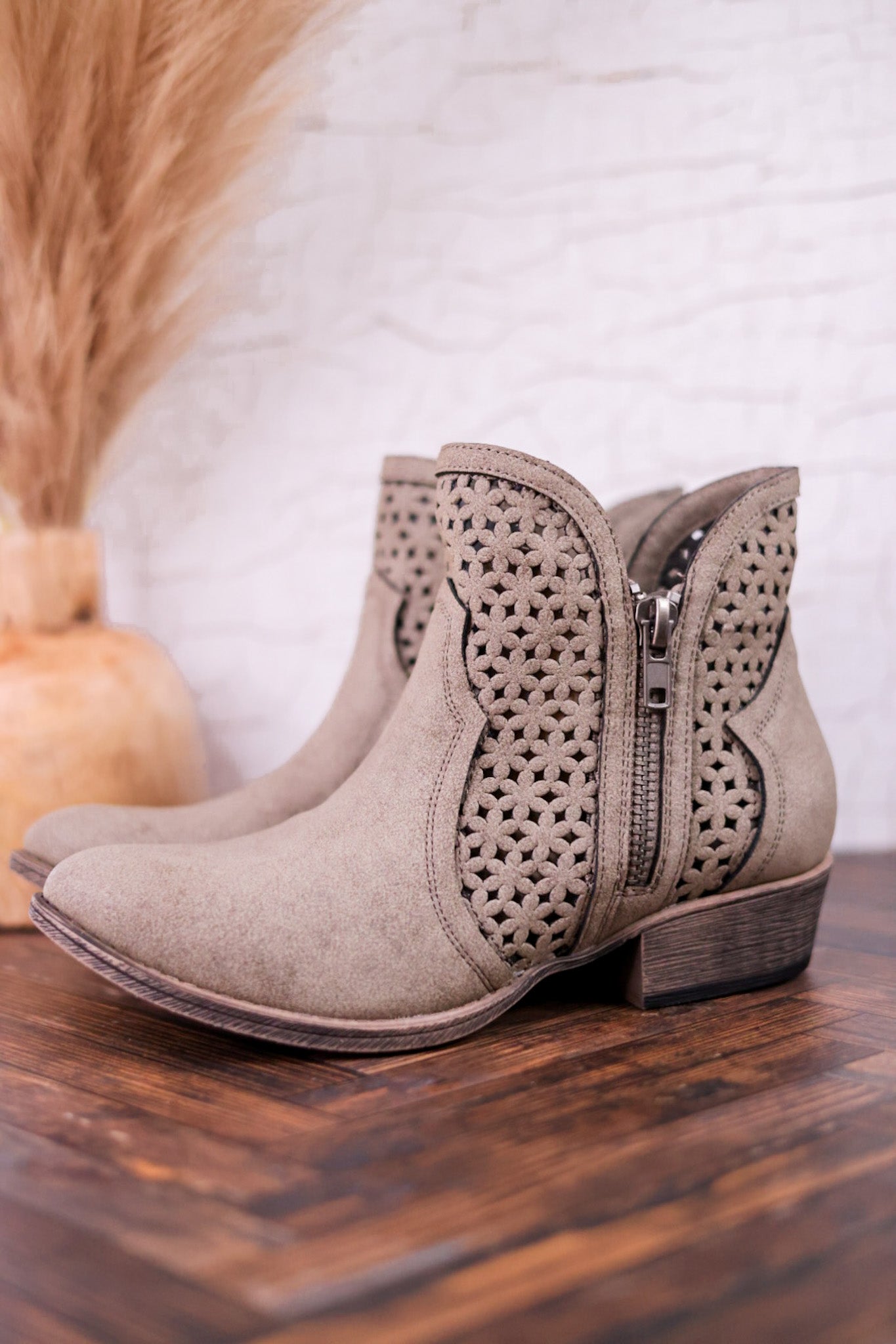Leah 2 Grey Ankle Booties with Laser Cut Detailing - Whiskey Skies - VERY G