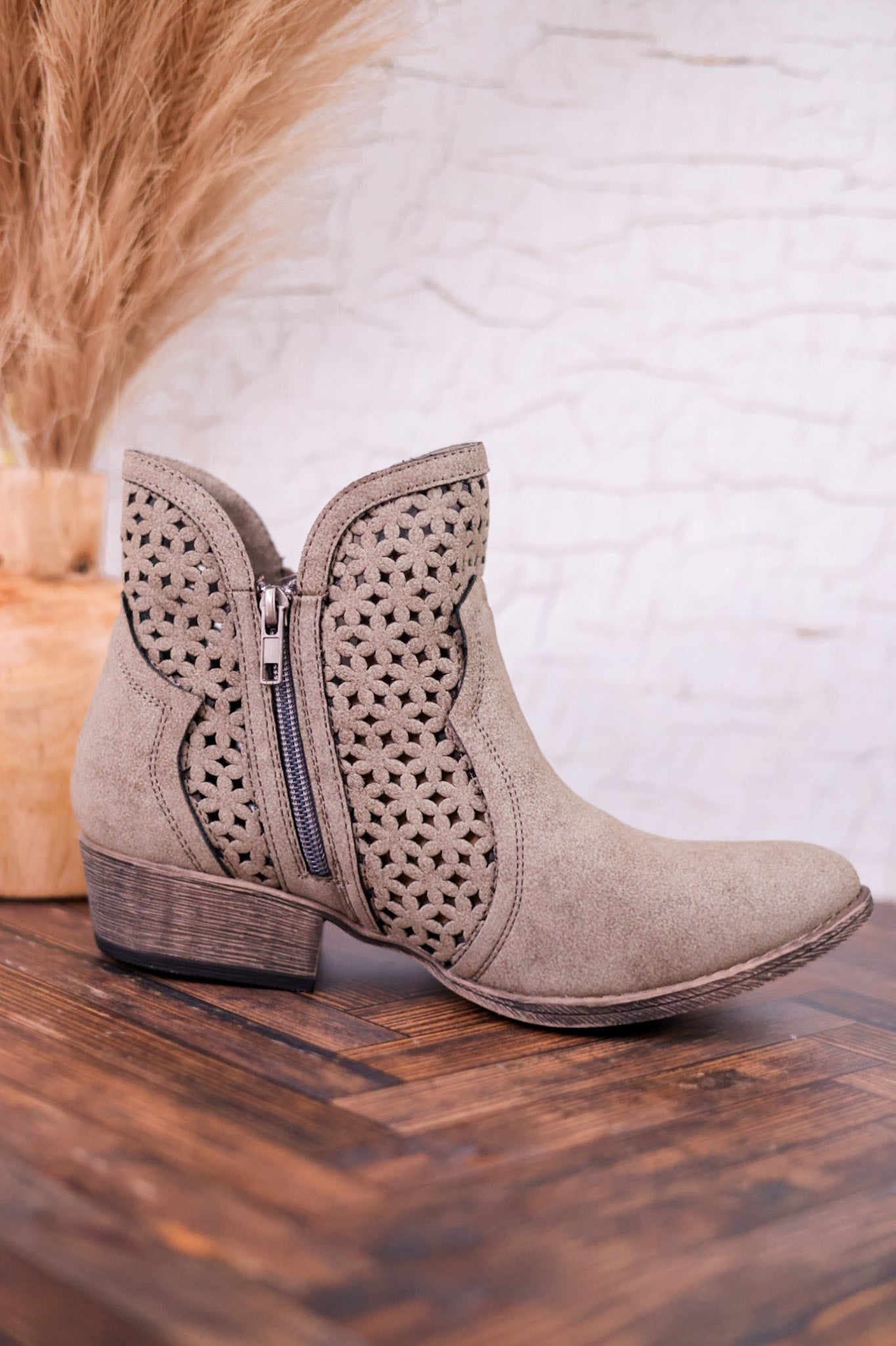 Leah 2 Grey Ankle Booties with Laser Cut Detailing - Whiskey Skies - VERY G